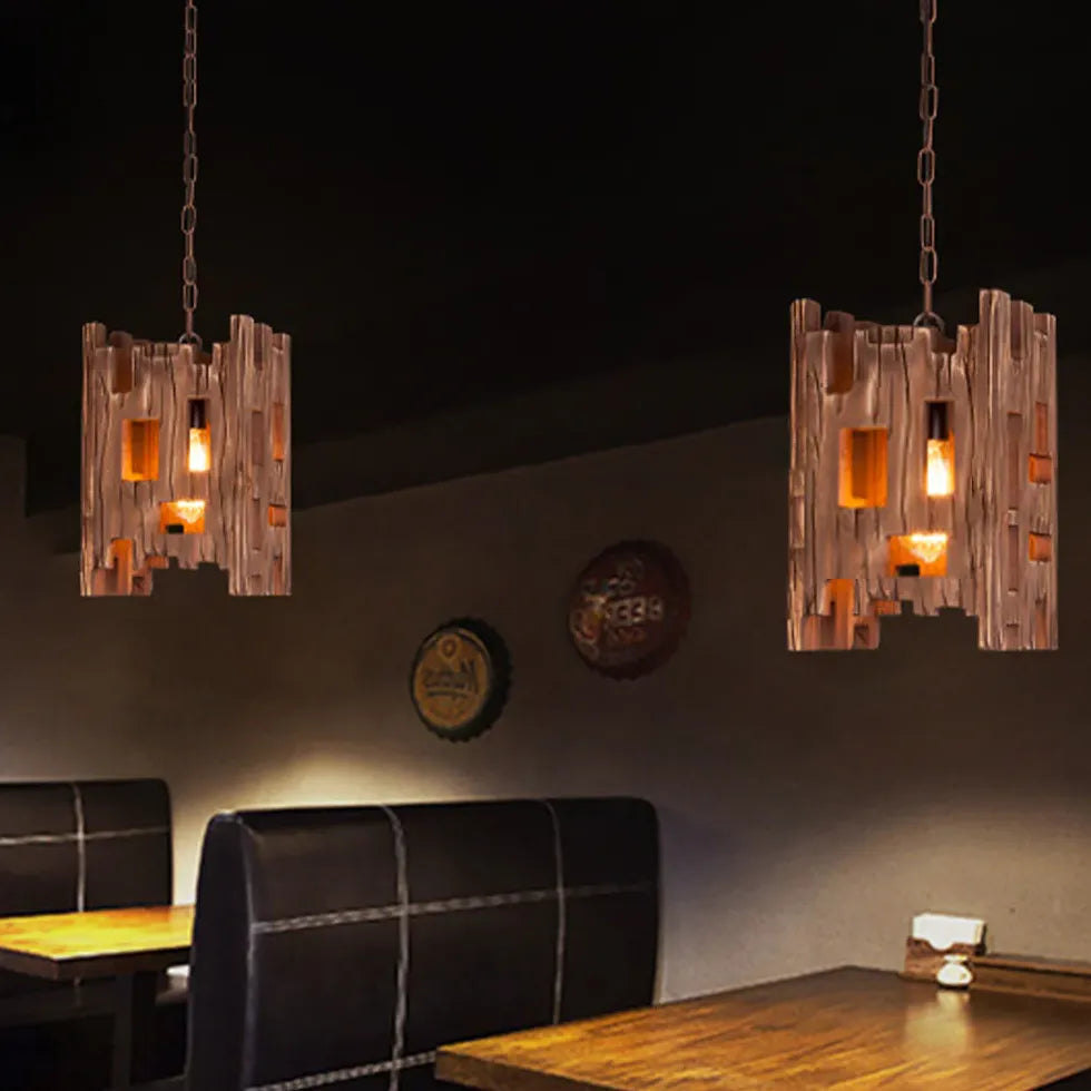 Vintage Industrial Wooden Chain Pendant Light - Rustic Farmhouse Ceiling Lighting for Kitchen, Dining Room, and Bedroom