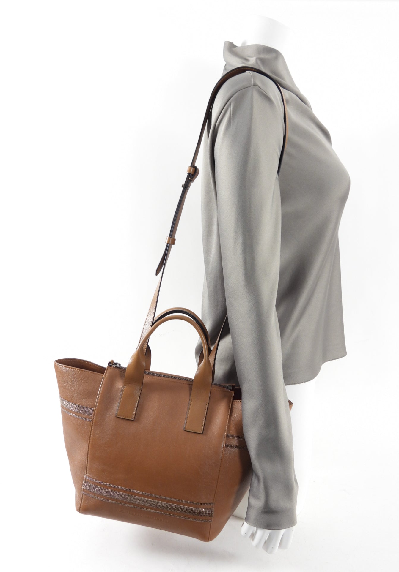 Brunello Cucinelli Genuine Leather Two-Way Satchel Handbag for Women - Brown Monili Crossbody & Shoulder Bag for Work, Travel & Everyday Use