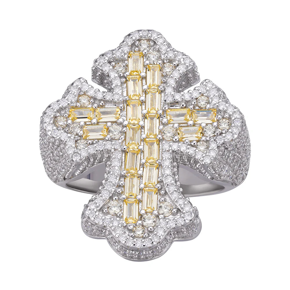 **Men's Moissanite Cross Ring - 925 Sterling Silver with Yellow Stone - Perfect for Gifts, Weddings & Everyday Wear**