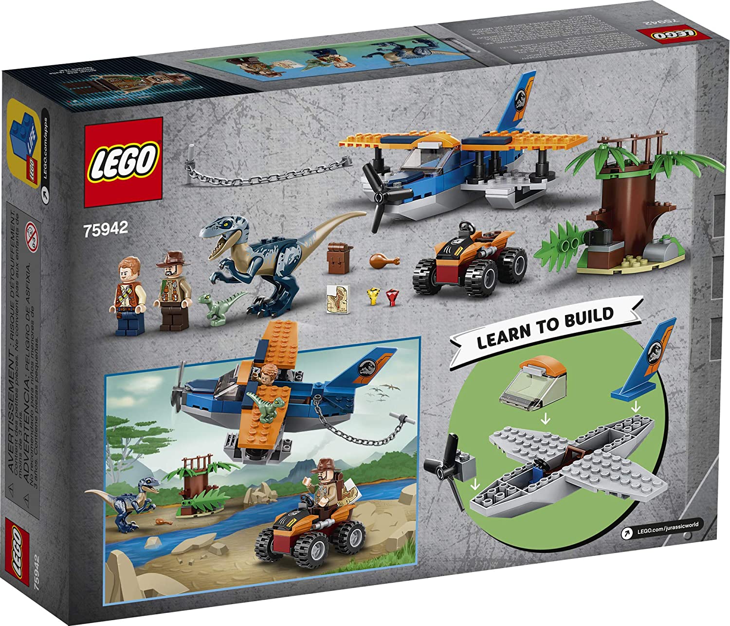LEGO Jurassic World Velociraptor Biplane Rescue Mission 75942 Building Kit - Dinosaur Toy Set for Kids with Minifigures - Creative Play & Collector's Item for Jurassic Park Fans