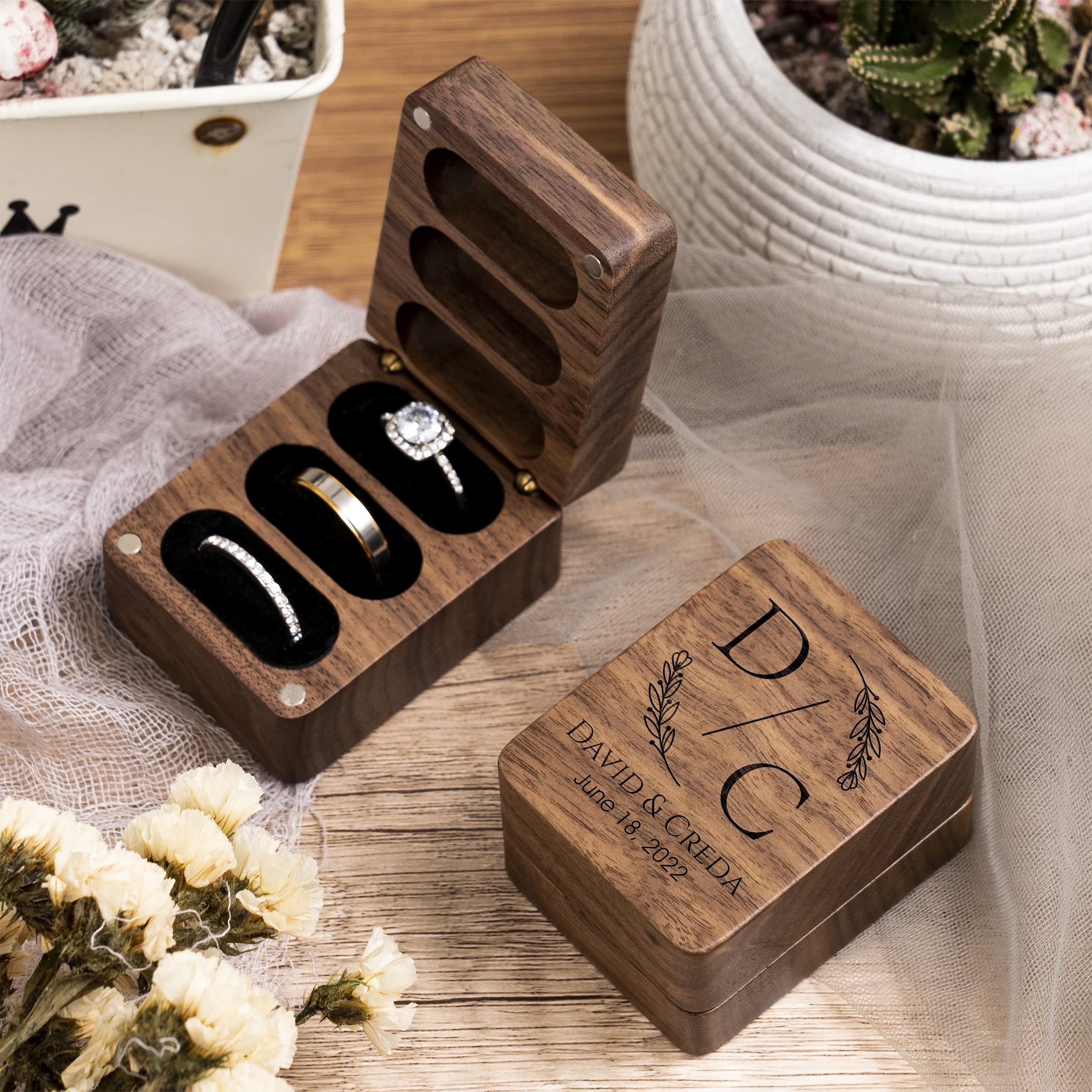 Personalized Square Wooden Ring Box for 3 Rings - Wedding Proposal, Engagement Ceremony & Ring Bearer Gift - Perfect for Romantic Moments, Anniversary Surprises & Jewelry Storage