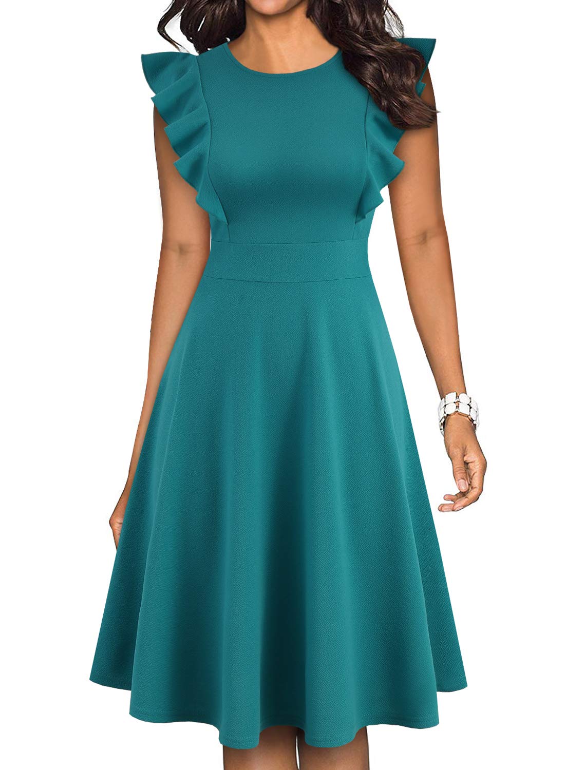 YATHON Women's Vintage Ruffle Floral Flared A-Line Swing Dress - Elegant Casual & Cocktail Party Outfit for Date Night, Wedding Guest, and Special Occasions
