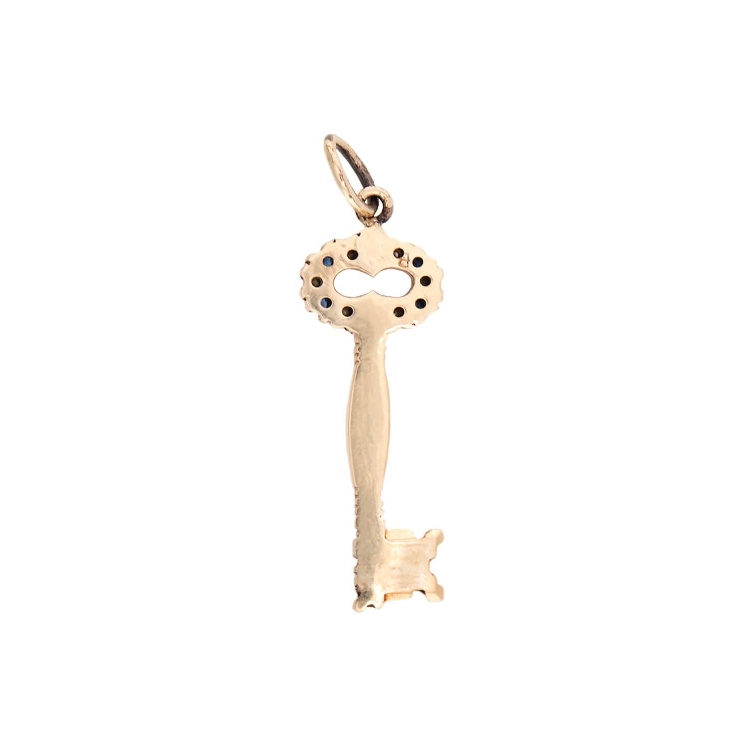 10K Victorian Sapphire & Pearl Key Charm Pendant - Elegant Jewelry Gift for Women, Perfect for Weddings, Anniversaries & Special Occasions