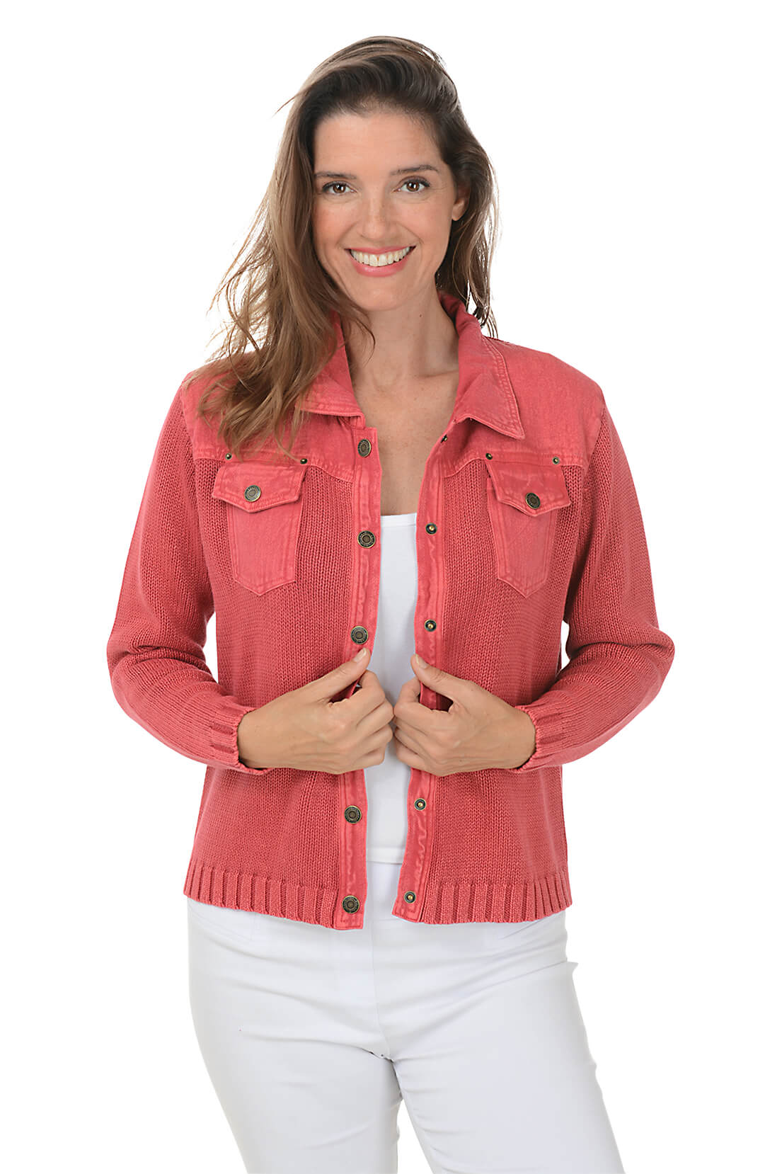 Button Front Denim Sweater Jacket for Women - Stylish Casual Cardigan with Pockets | Perfect for Fall Layering, Weekend Outfits & Coffee Dates