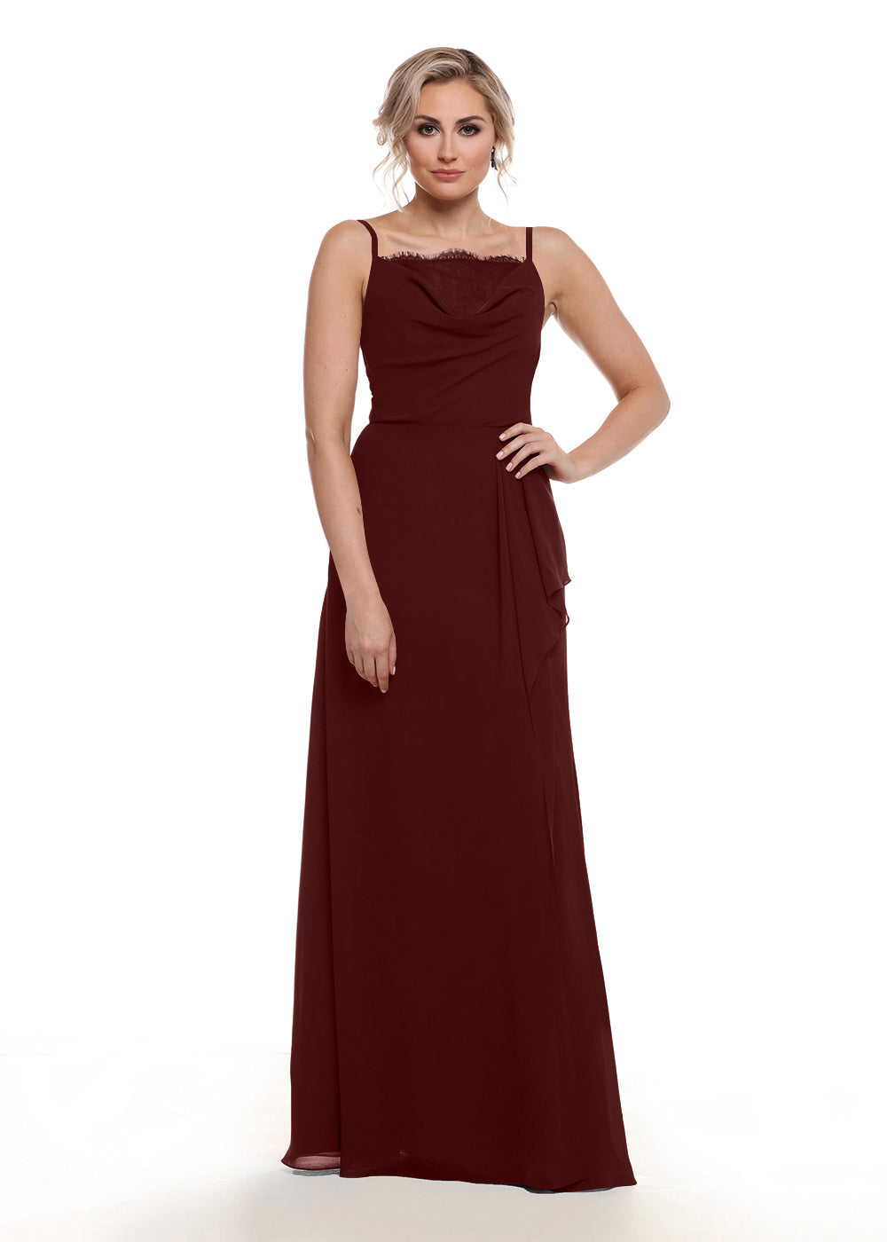 Elegant 80152 Chiffon A-Line Bridesmaid Dress with Lace Bodice & High Slit - Perfect for Weddings, Formal Events & Evening Parties