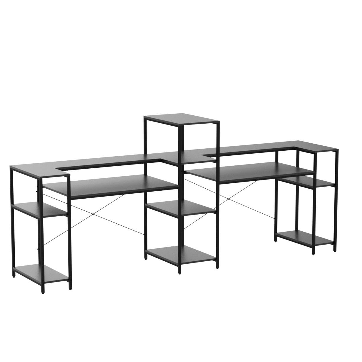109-Inch Extra Long Two Person Computer Desk with Storage Shelves | Double Workstation Office Desk with Printer Shelf & Monitor Stand | Large Study Writing Table for Home Office (Black) - Perfect for Shared Workspaces & Remote Teams