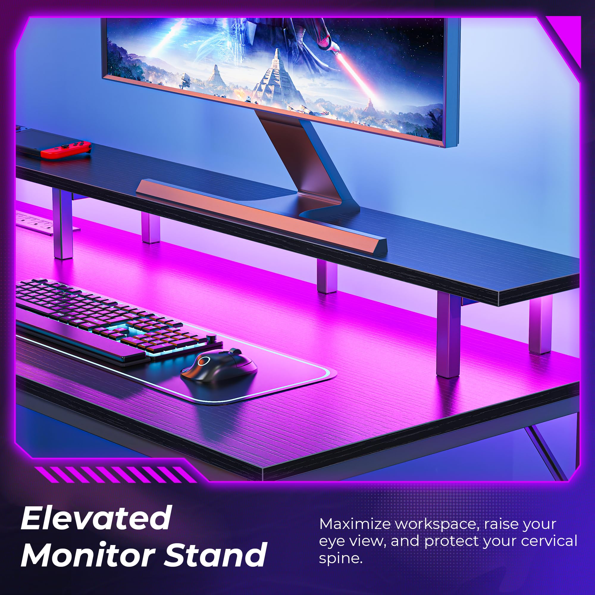 SUPERJARE 66 Inch L-Shaped Gaming Desk with Power Outlets, LED Lights & Monitor Stand - Ergonomic Computer Desk with Storage Shelf & Hooks for Home Office, Streaming Setup & Gaming Station (Black)