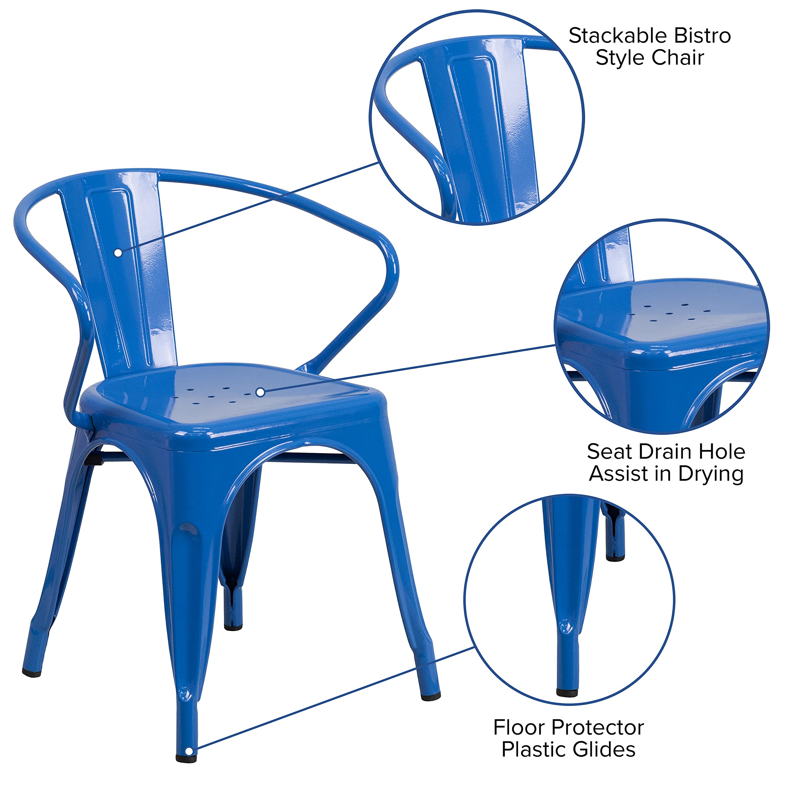 4 Pack Blue Metal Indoor-Outdoor Arm Chairs - Heavy Duty Bistro & Restaurant Chairs for Patio, Cafe, Dining Room & Outdoor Seating