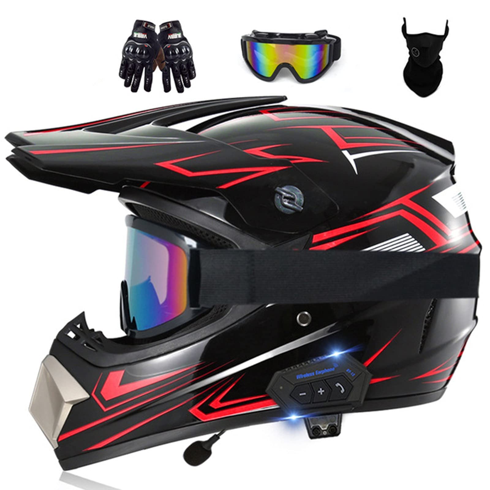**DOT Approved Motocross Helmet with Bluetooth for Adults – Full Face ATV, Dirt Bike & Offroad Riding Helmet Set (Includes Gloves, Goggles & Mask) – Perfect for MX Racing, Quad Biking & Adventure Riding**