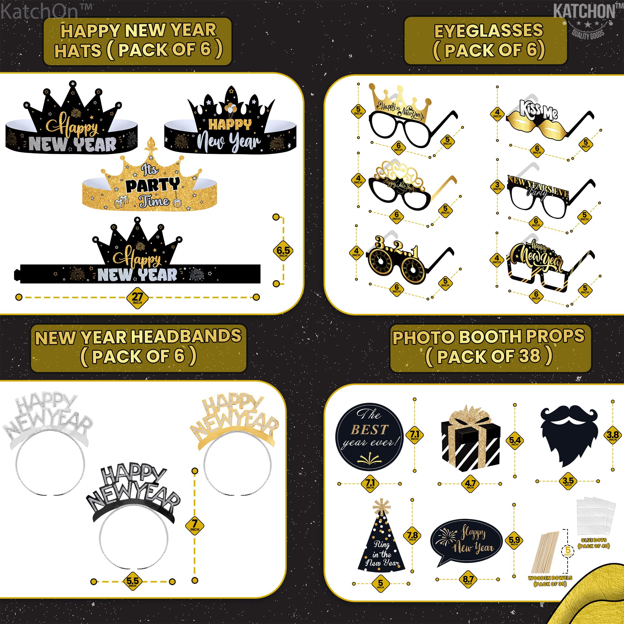 KatchOn 2025 New Year's Eve Party Supplies Set - 74-Piece Kit with Photo Props, Hats, Headbands & Glasses | NYE Decorations & Accessories for Countdown Celebrations, Ball Drops & New Year Parties