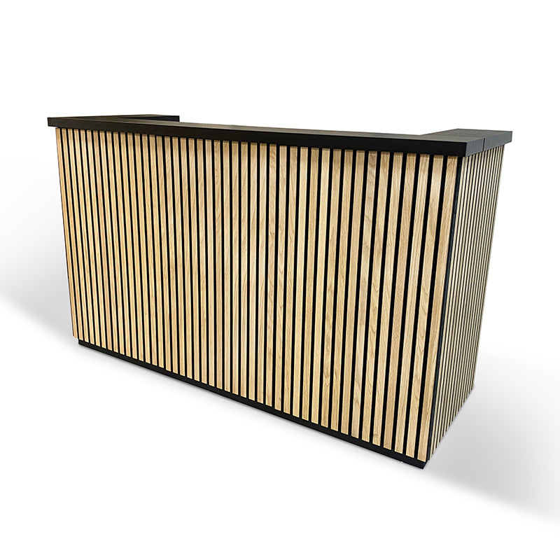 KENTO 180cm Modern Reception Desk with Timber Slat Acoustic Panel in Black & Oak - Perfect for Office Lobby, Hotel Front Desk, and Corporate Waiting Areas