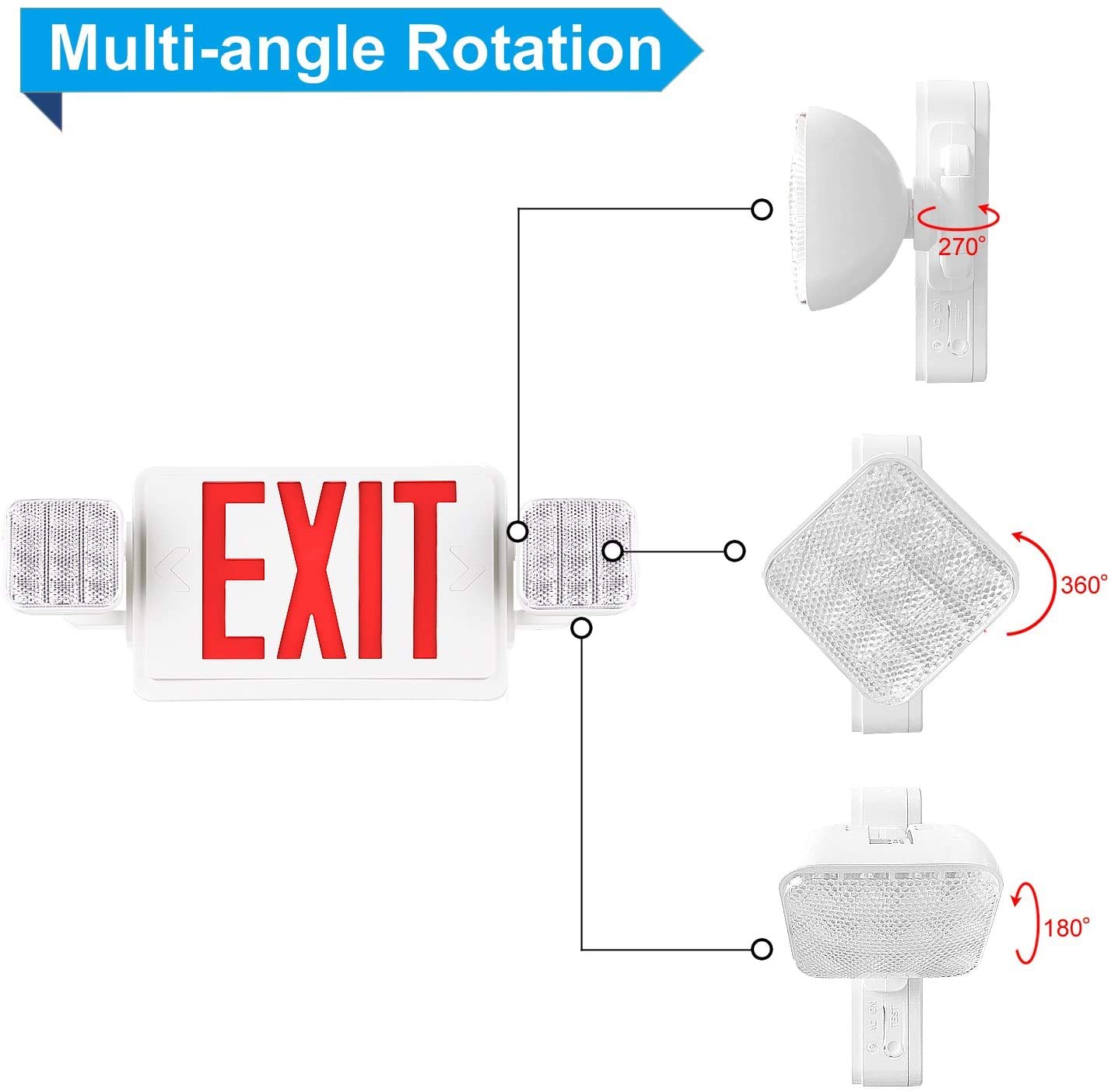 6 Pack Red LED Emergency Exit Light with Battery Backup - Adjustable Head, UL Listed & CEC Qualified (120V-277V) - Home & Commercial Power Failure Safety Lighting - Ideal for Hallways, Stairwells, Offices & Emergency Exits