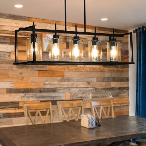 Farmhouse Chandelier - 5-Light Rectangular Rustic Black Pendant Lighting for Kitchen Island & Dining Room | Modern Farmhouse Ceiling Light Fixture Over Table | Perfect for Country Style Homes, Restaurants and Cabin Decor