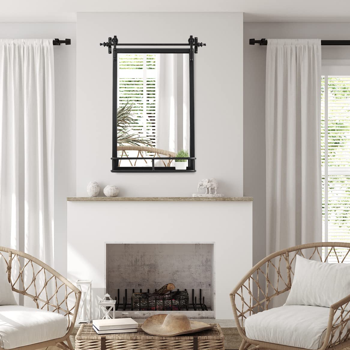 Farmhouse Iron Framed Wall Mirror with Shelf - 30