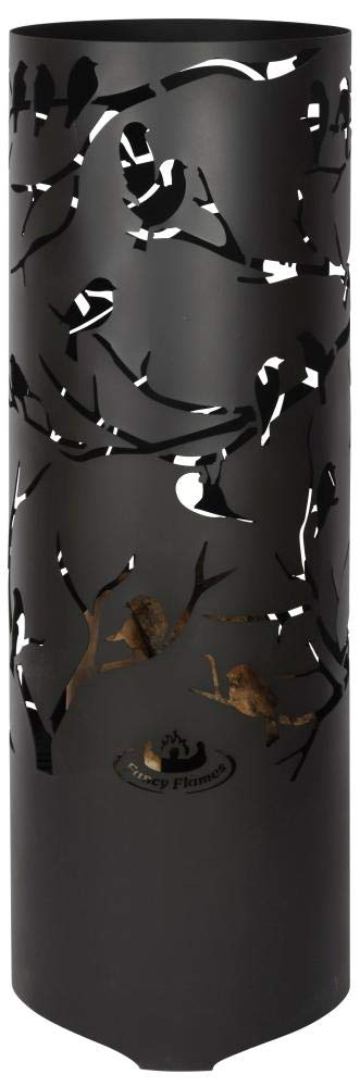 Esschert Design Black Laser Cut Birds on Twig Fire Drum - Outdoor Garden & Patio Decorative Fire Pit for Cozy Evenings