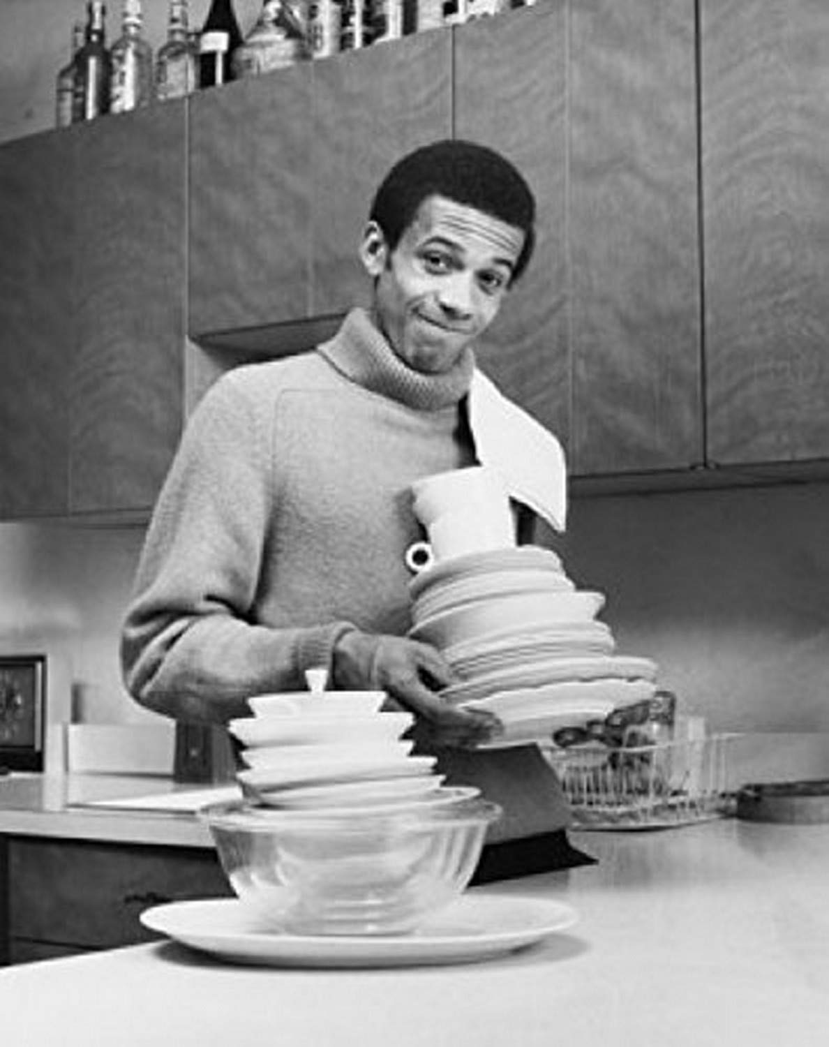 18x24 Young Man Holding Dishes Portrait Poster Print - Wall Art Decor for Kitchen, Dining Room & Home Decor