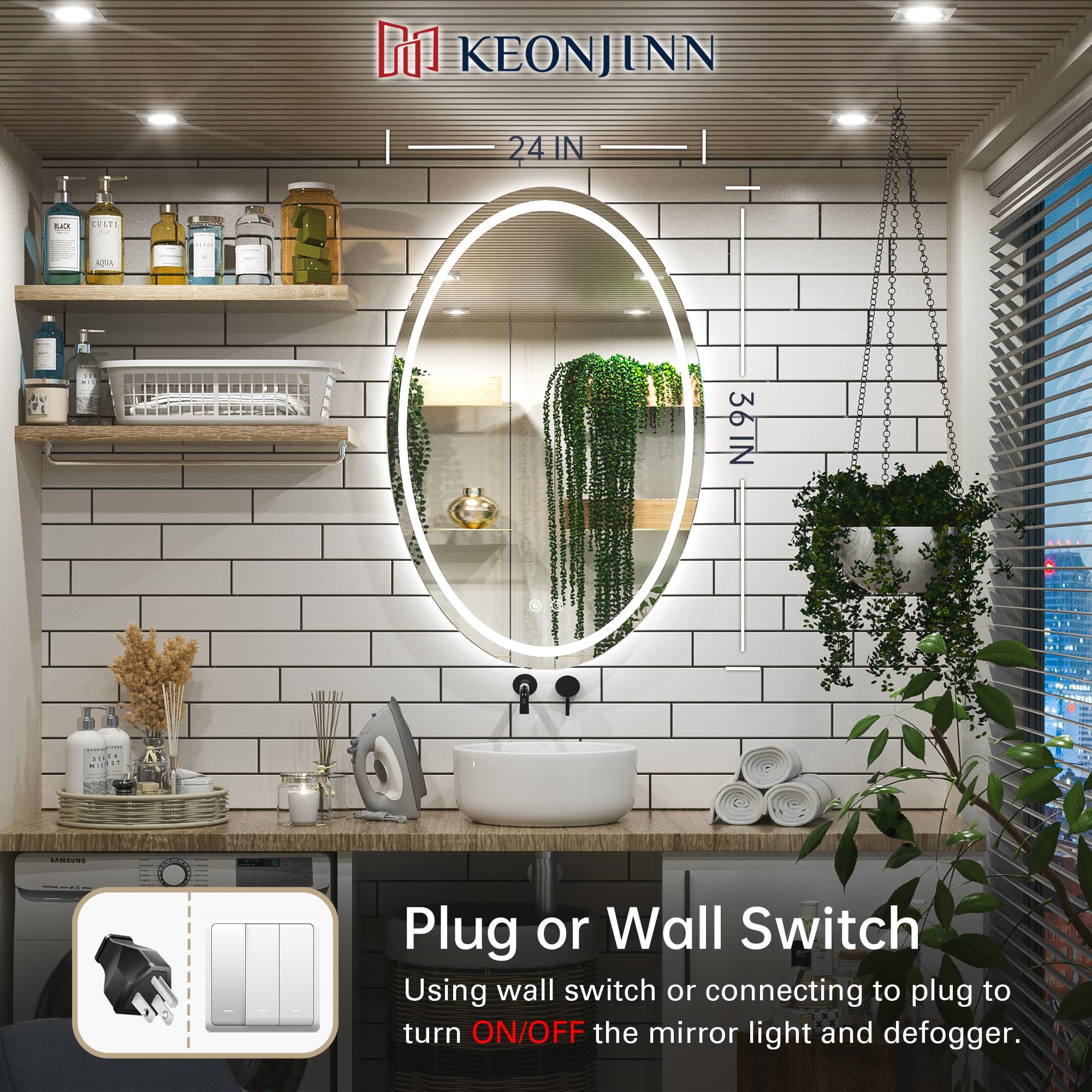 Keonjinn 24 x 36 Inch LED Bathroom Mirror with Anti-Fog & Dimmable Front Lighting - Shatter-Proof Oval Vanity Mirror with Memory Function (CRI 90+) - Perfect for Modern Bathrooms, Makeup Areas & Dressing Rooms