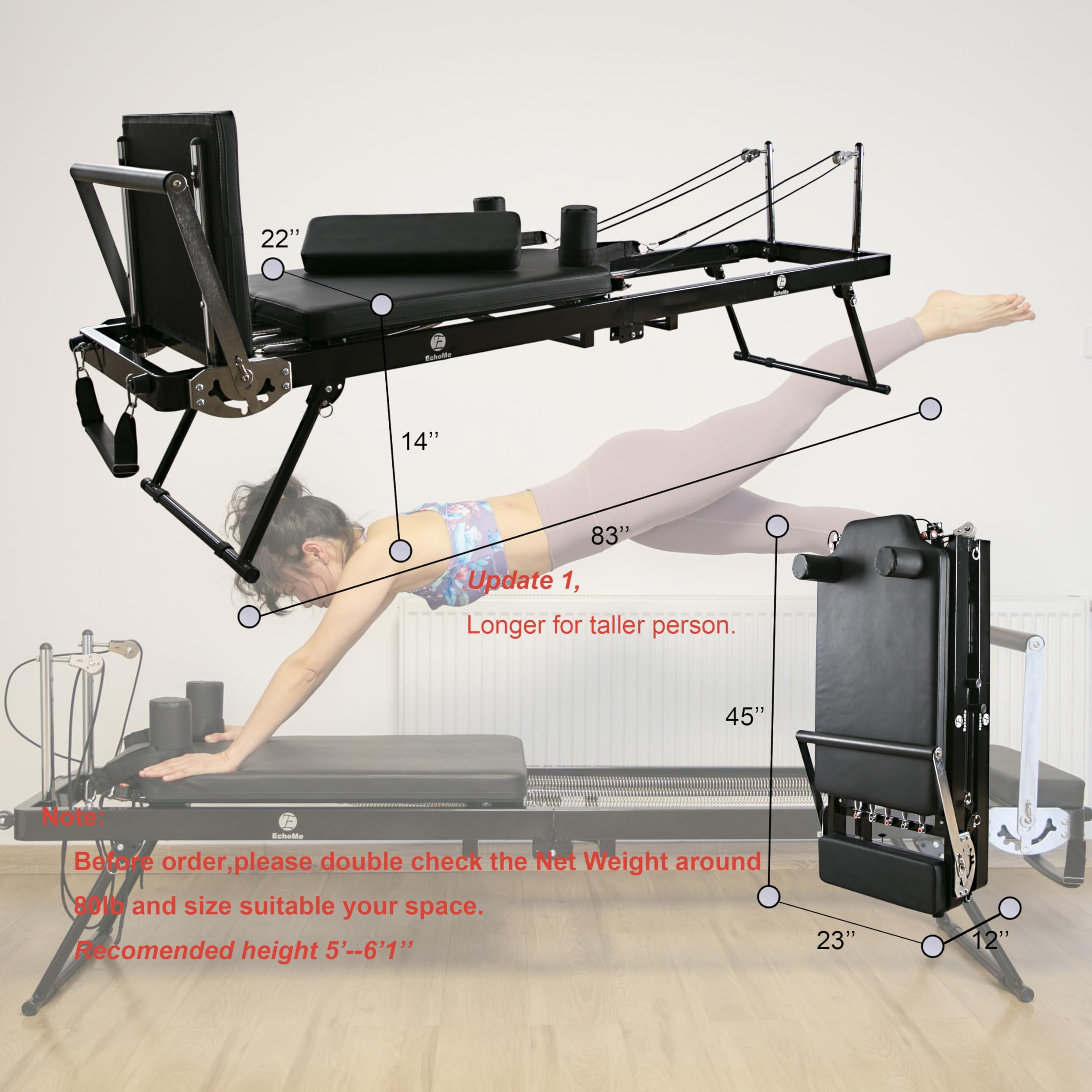 EchoMe Foldable Pilates Reformer Machine for Home Gym - Alloy Spring Resistance, Extended Length (Dark) - Perfect for Home Workouts & Pilates Training