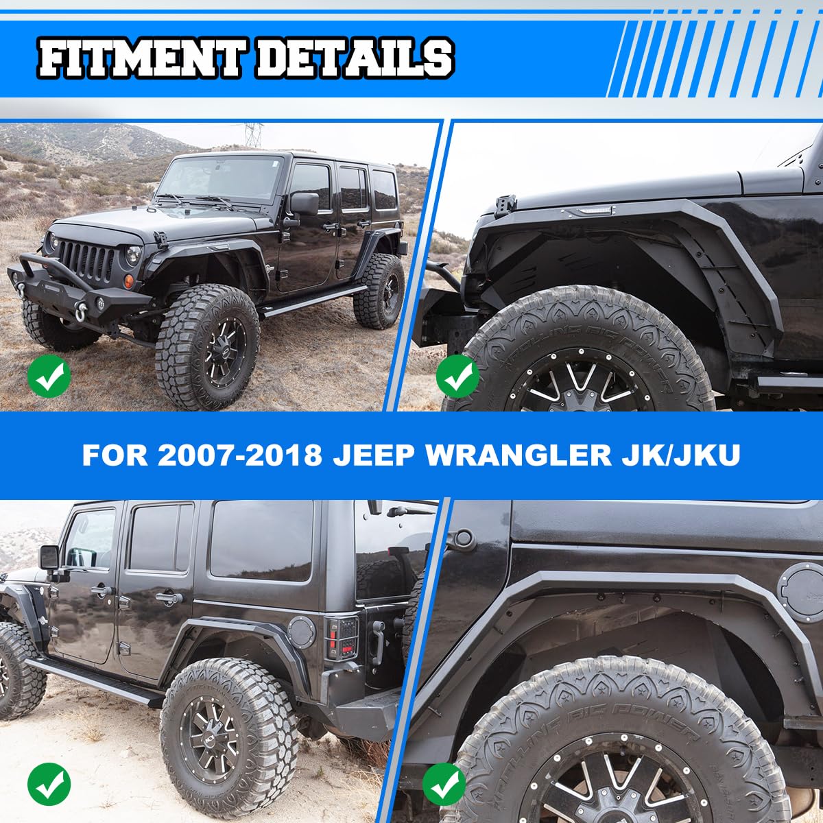 ROXX Front & Rear Inner Fender Liners for Jeep Wrangler JK JKU 2007-2018 (2/4 Door) - Black Aluminum Lightweight Splash Guards - Off-Road Protection - 4-Piece Set - Perfect for Mud, Snow & Trail Adventures