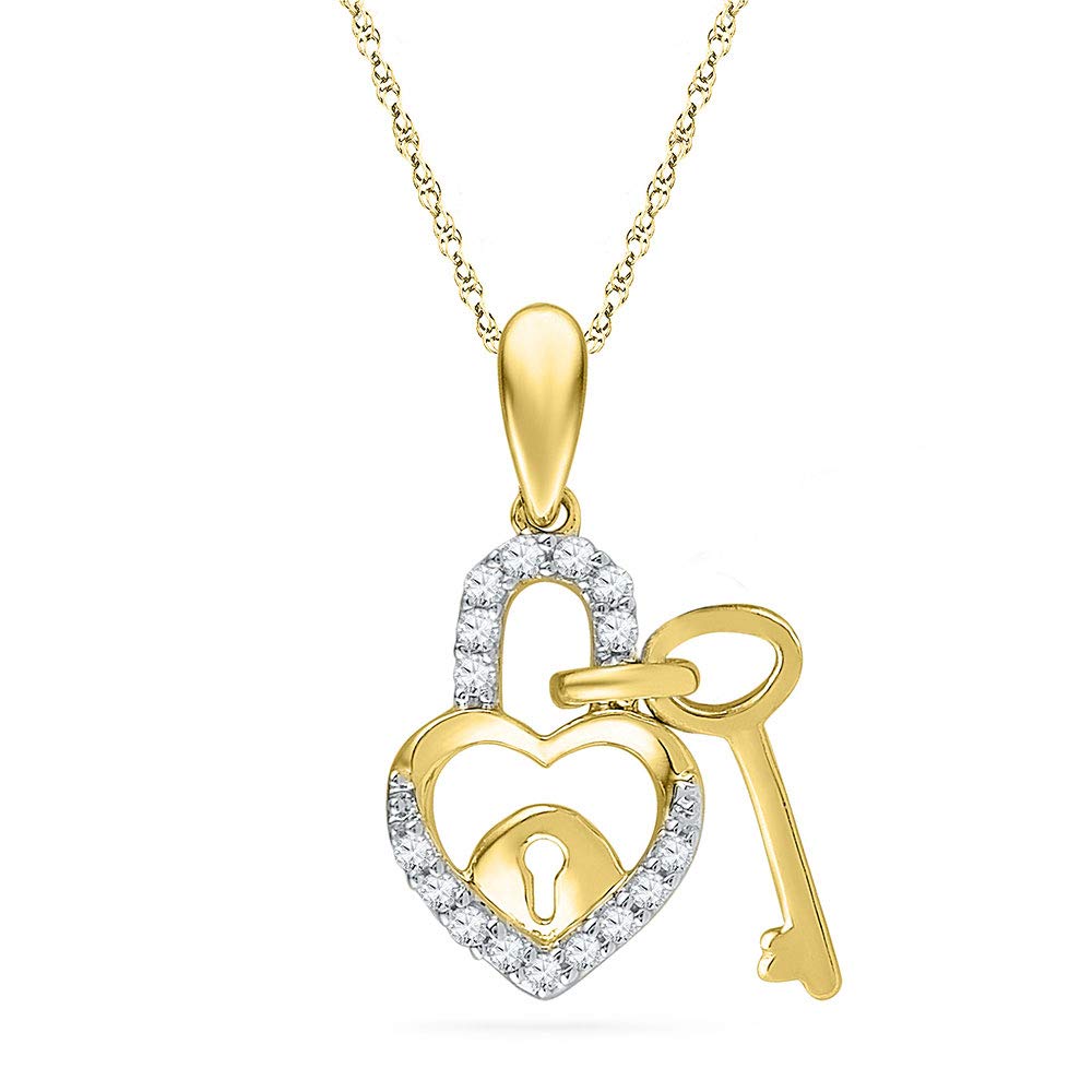 10K Yellow Gold Round Diamond Heart Lock & Key Dangle Pendant Necklace - 1/10 Ct Genuine Diamond Jewelry for Women - Perfect Gift for Valentine's Day, Anniversary & Special Occasions