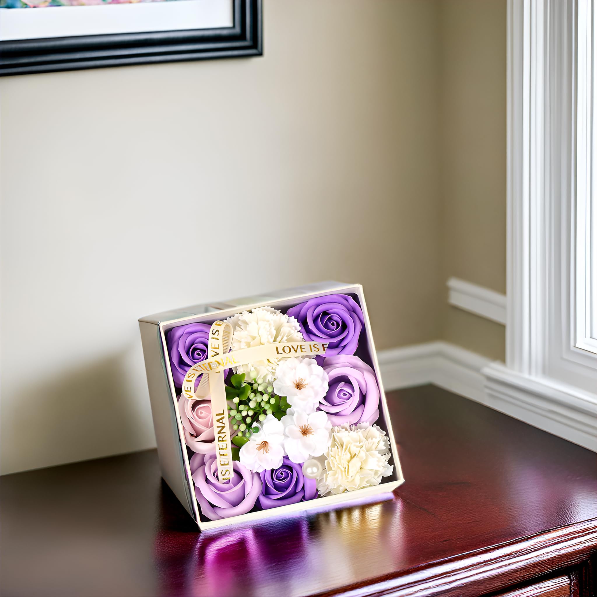 Unique Birthday Gifts for Women - Fresh Flower Gift Box with Surprise Elements | Thoughtful Present for Mom, Wife, Daughter & Girlfriend | Perfect for Anniversaries, Mother's Day & Special Occasions (Purple Square)