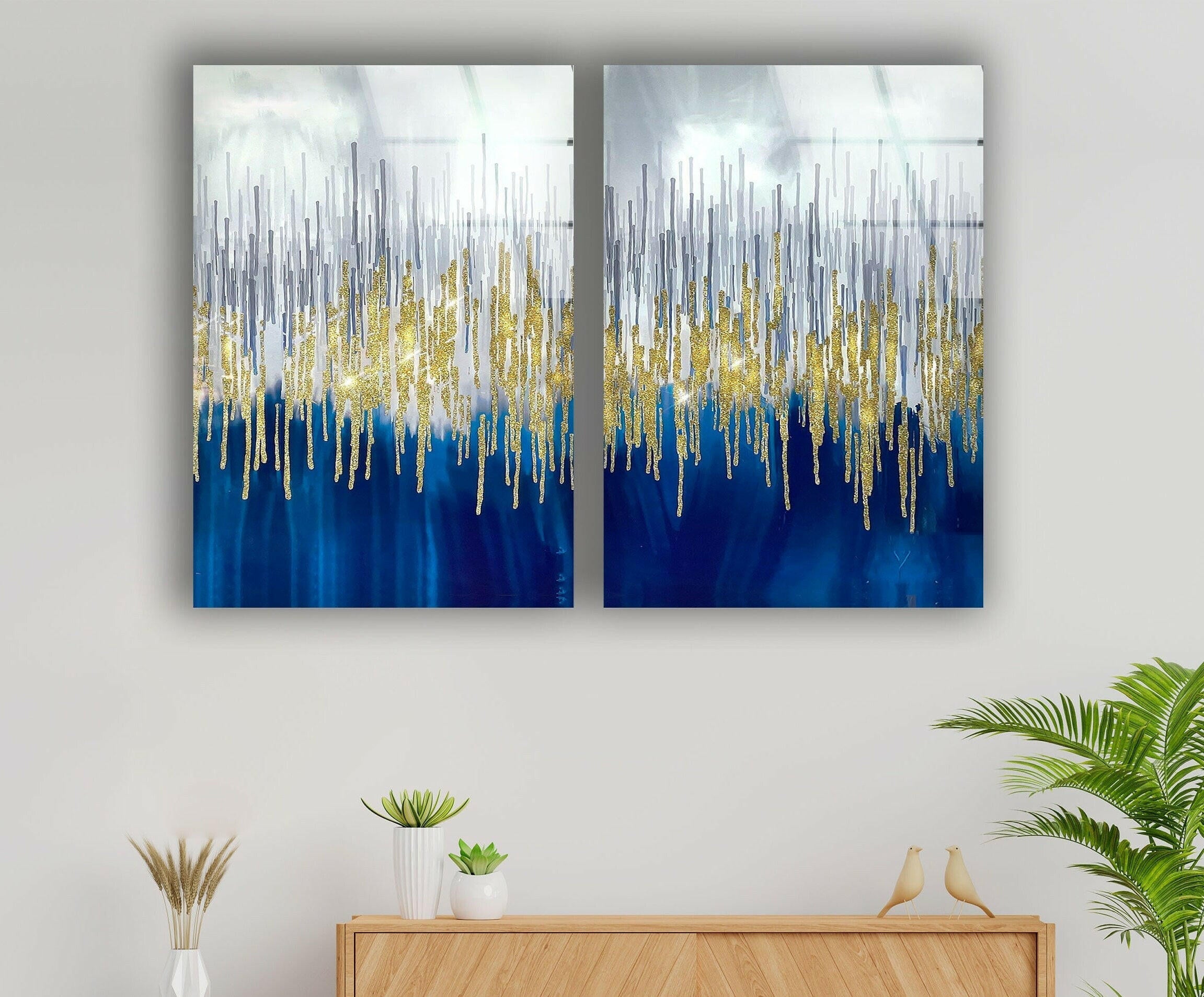 Blue & Gold Sparkles Glass Wall Art - Elegant Handmade Home Decor for Living Room, Bedroom, or Office - Perfect Gift for Housewarming & Holidays