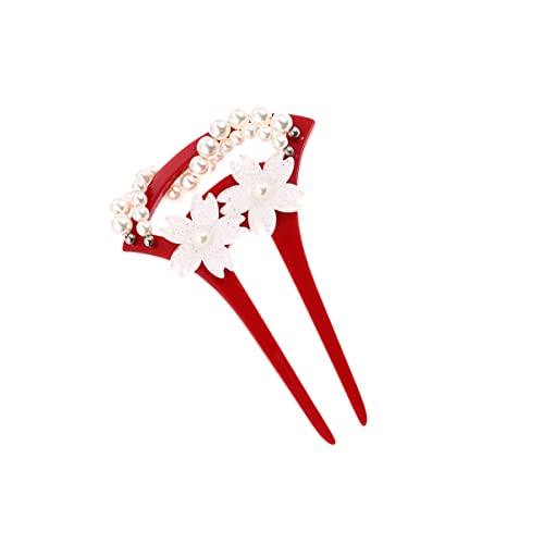 Vintage Pearl Flower Hairpin - Elegant Acrylic U-Shaped Hair Stick for Women & Girls | Pearl Hair Accessories, No-Slip Hair Forks | Perfect for Weddings, Parties & Everyday Styling (Red)