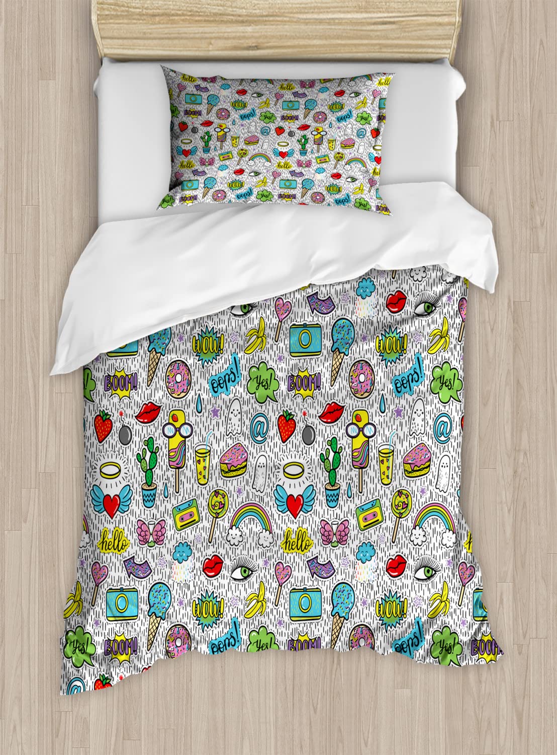 Ambesonne Emoticon Duvet Cover Set - Pop Art Cartoon Design with Ice Cream, Donut, Heart & Ghost Patterns - 2-Pack Twin Size Bedding Set (2 Duvet Covers + 2 Pillowcases) - Vibrant Multicolor for Kids' Room, Teen Bedroom & Dorm Decor