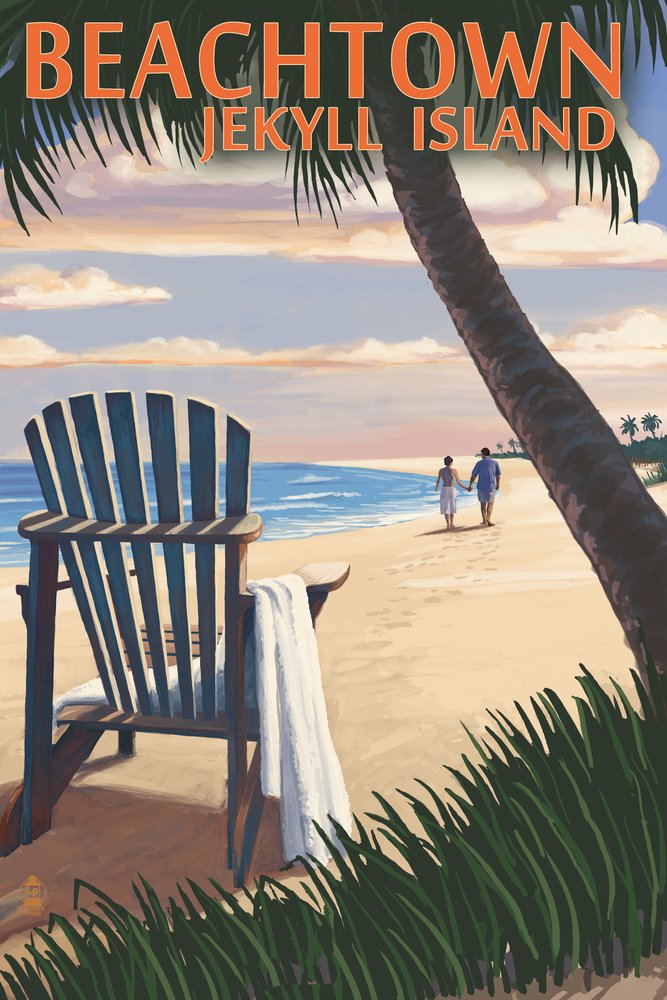 Lantern Press Beachtown Jekyll Island Georgia Wall Art - 12x18 Wrapped Canvas Print of Adirondack Chair on Beach, Coastal Home Decor for Living Room, Bedroom & Office