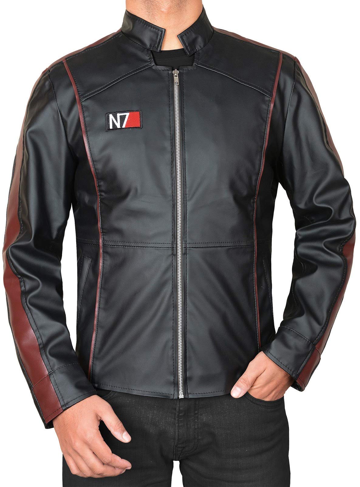 Men's Mass Effect N7 Commander Shepard Black Leather Biker Jacket - Authentic Cosplay Costume for Gaming Conventions & Halloween Parties