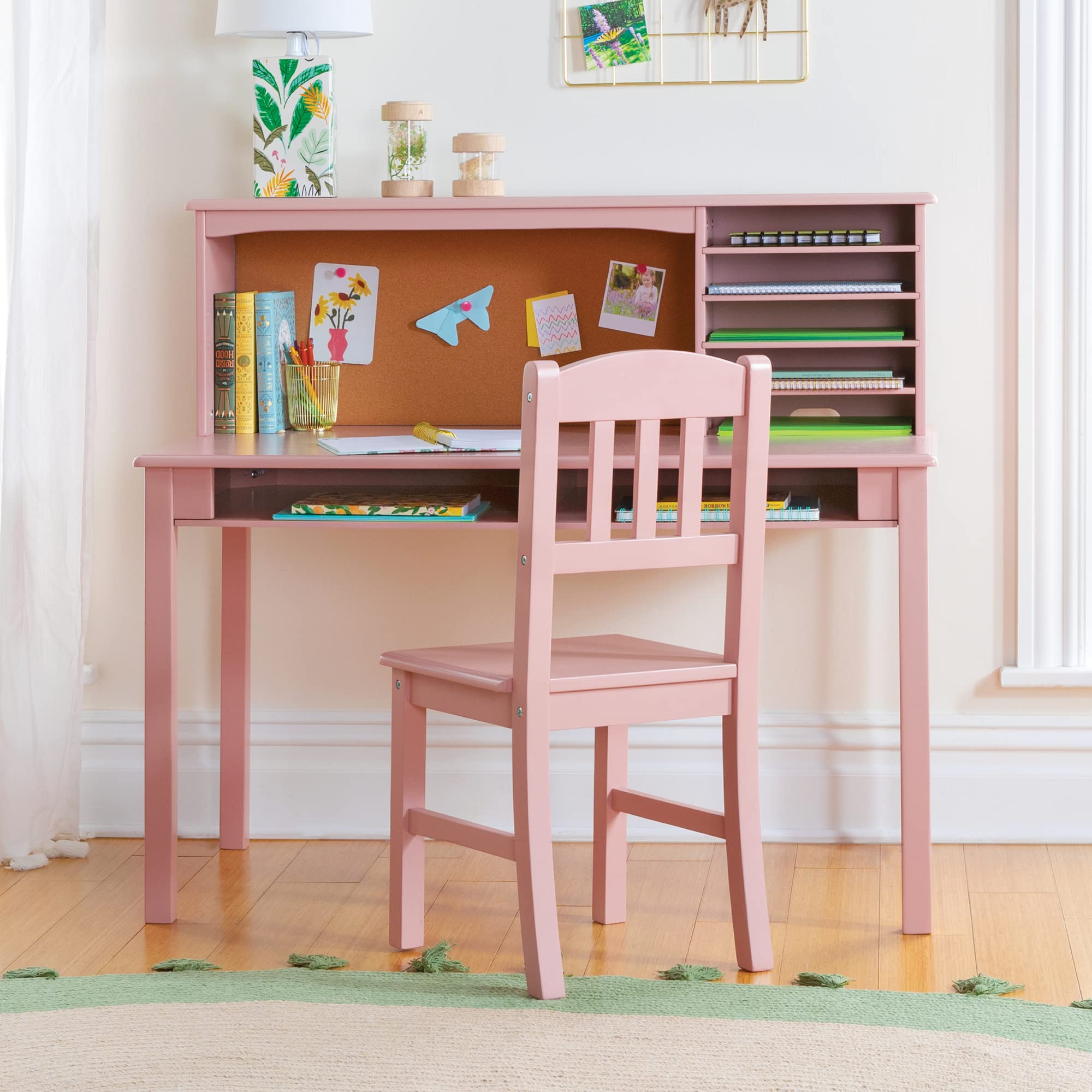 Guidecraft Kids Media Desk with Hutch and Chair Set - Pink | Wooden Study Desk with Storage Shelves & Corkboard | Girls Bedroom Furniture for Homework & Computer Use