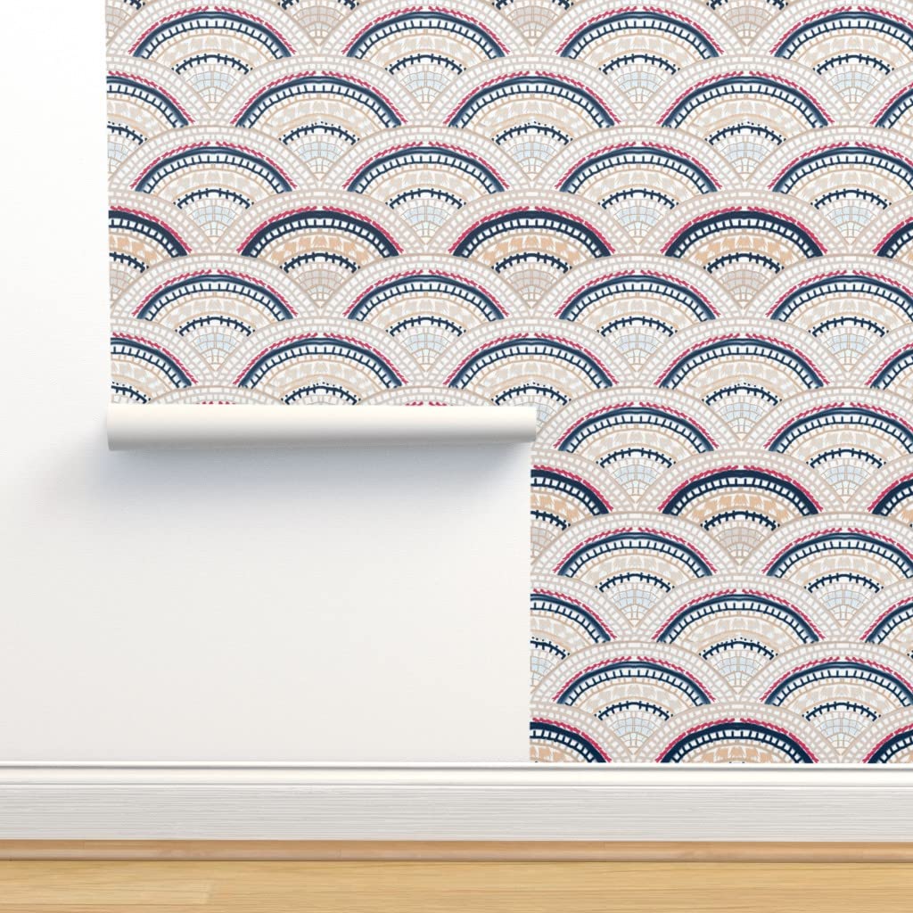 Removable Wallpaper Swatch - Scallop Mosaic Japanese Inspired Sashiko Navy Fuchsia Geometric Pre-Pasted Wallpaper | Peel & Stick Sample for Nursery, Bedroom, Office Decor | Spoonflower