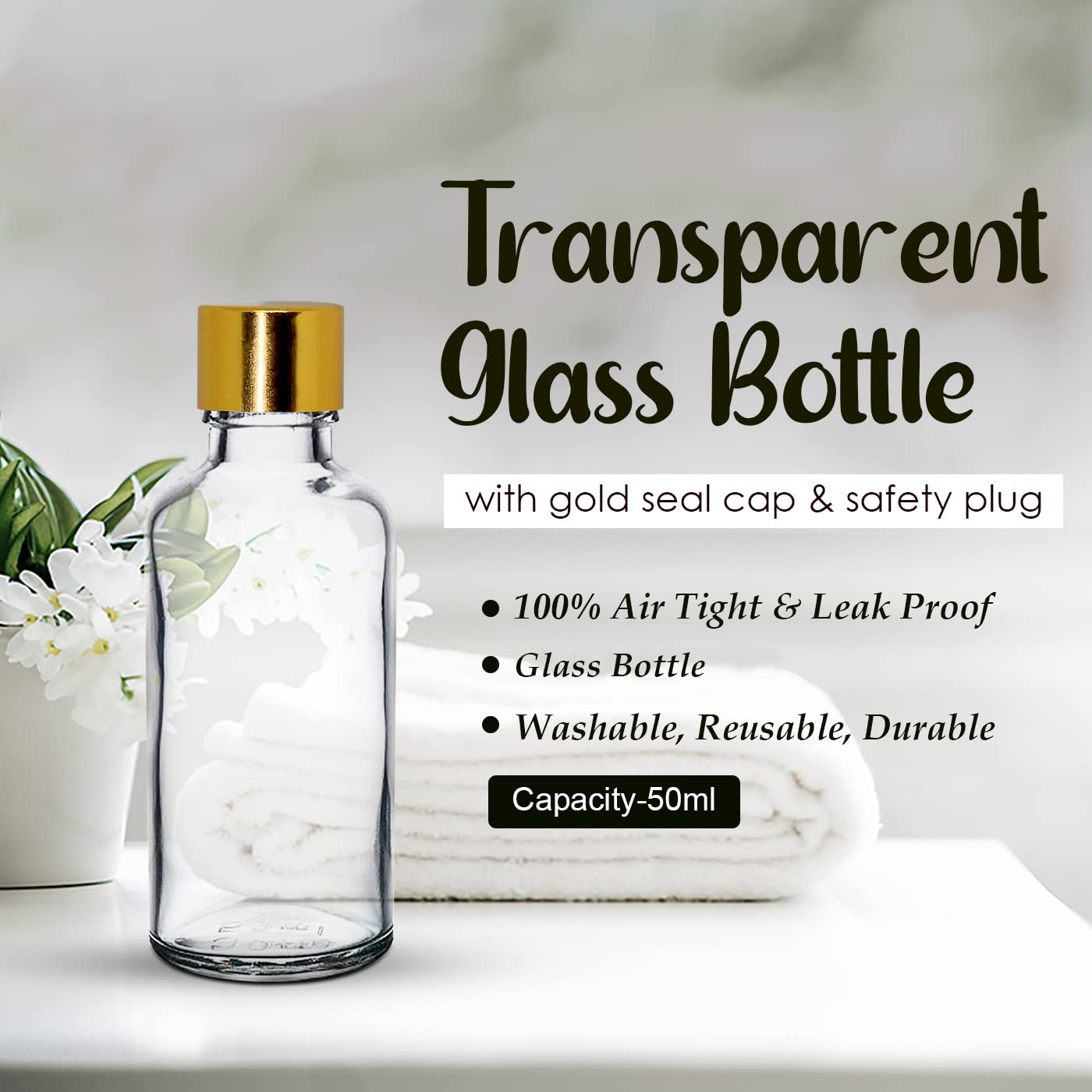 NSB Herbals 50ml Clear Round Empty Glass Bottles with Gold Seal Cap & Safety Plug - Refillable, Leak Proof Essential Oil Bottles, Perfume Containers (Pack of 6) - Perfect for DIY Aromatherapy, Travel & Gift Packaging