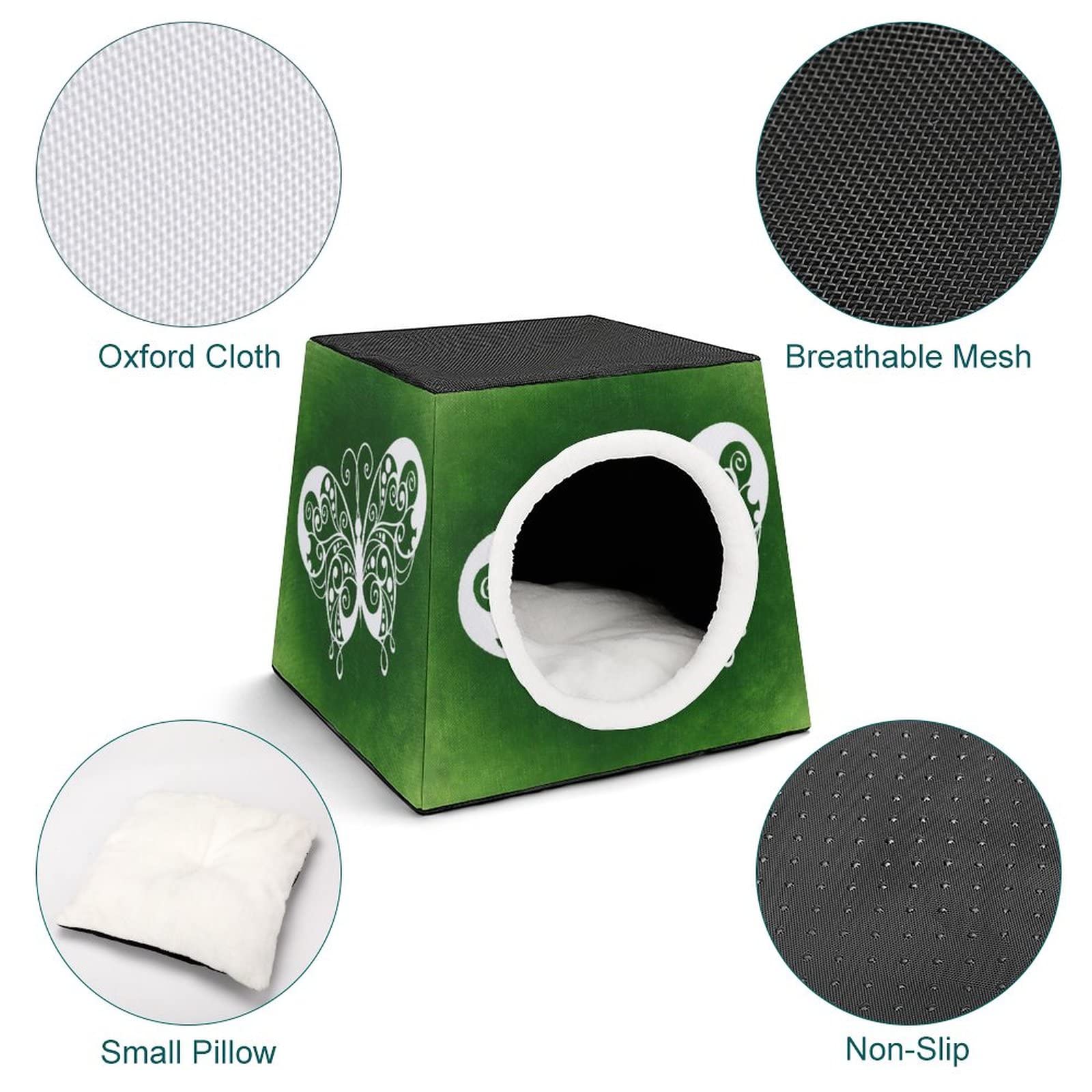 Printed Cat Houses & Condos - Foldable Cat Cube Bed with Removable Pillow, Green Butterfly Design | Cozy Pet Furniture for Indoor Cats, Perfect for Lounging & Napping in Living Room or Bedroom