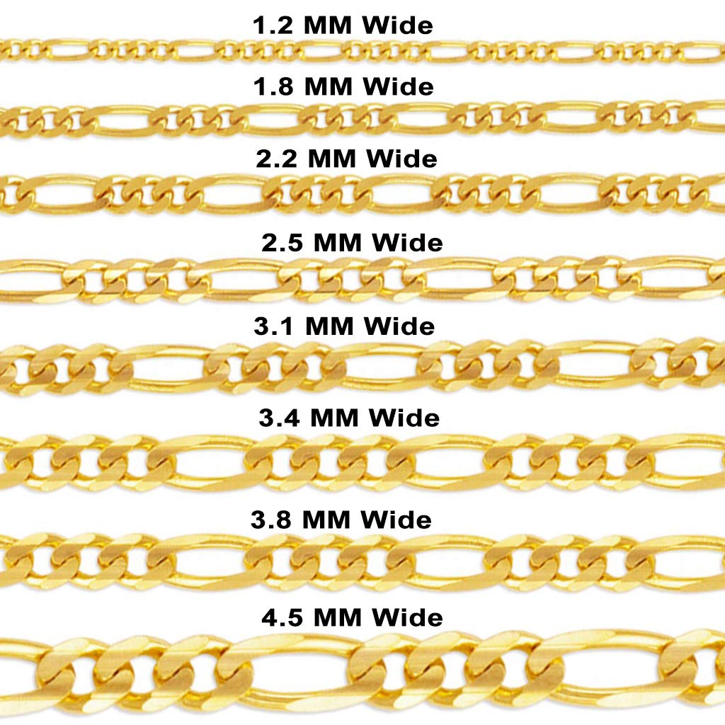 14K Gold Figaro Chain Necklace for Women & Men - Italian Concave Link Design, 1.2mm to 9.6mm Width, 14-26 Inch Length - Durable Shiny Jewelry Gift for Birthday, Anniversary & Special Occasions