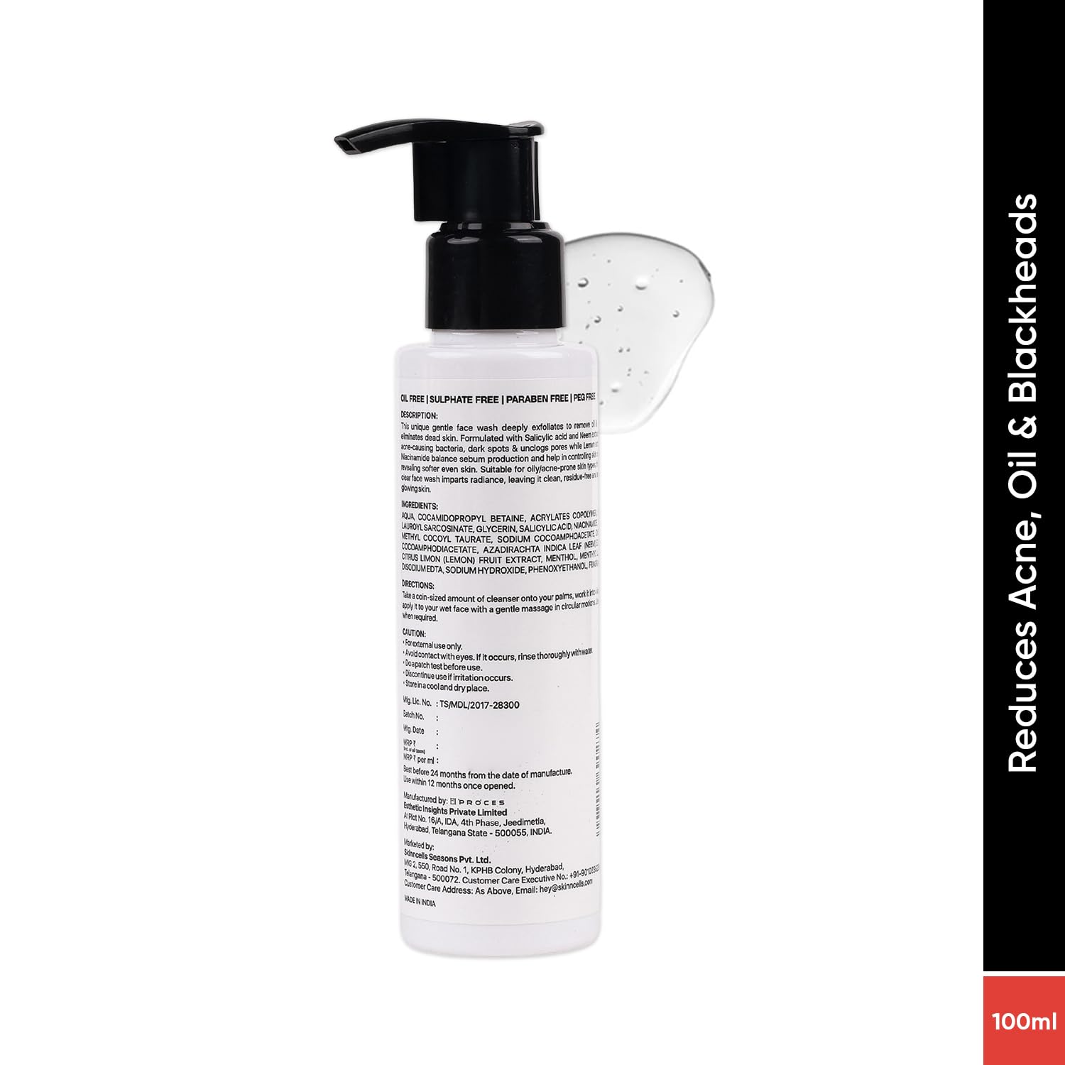 Neem & Lemon Acne Control Face Wash - Purifying Gel Cleanser for Oily Skin, Reduces Shine & Prevents Blackheads & Whiteheads | 100ml | Daily Skincare Routine for Clear, Balanced Skin