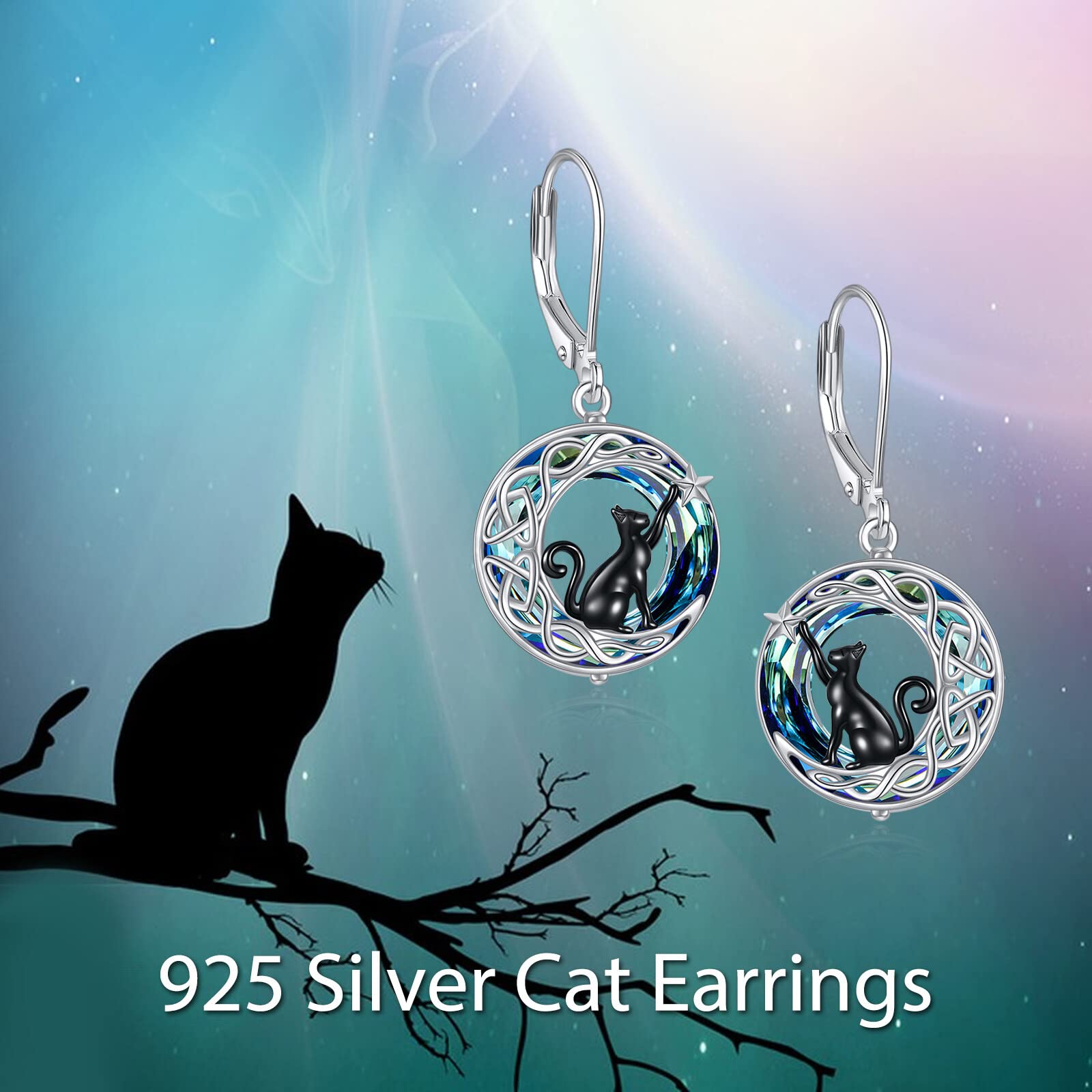 VONALA 925 Sterling Silver Celtic Moon Cat Leverback Earrings with Crystals - Elegant Jewelry Gift for Women & Girls | Perfect for Birthday, Anniversary & Everyday Wear
