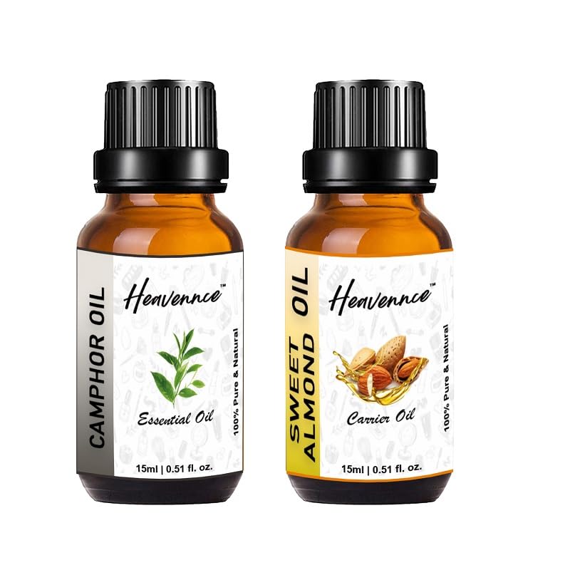 Heavennce Camphor Oil & Sweet Almond Oil Combo (30ml x 2) - Natural Hair & Skin Moisturizer, Pain Relief Massage Oil for Relaxation & Aromatherapy | Perfect for Spa, Yoga & Home Wellness