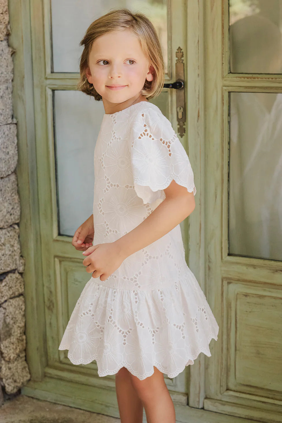 Tartine Et Chocolat White Eyelet Floral Dress for Girls - Perfect for Summer Parties, Weddings & Special Occasions