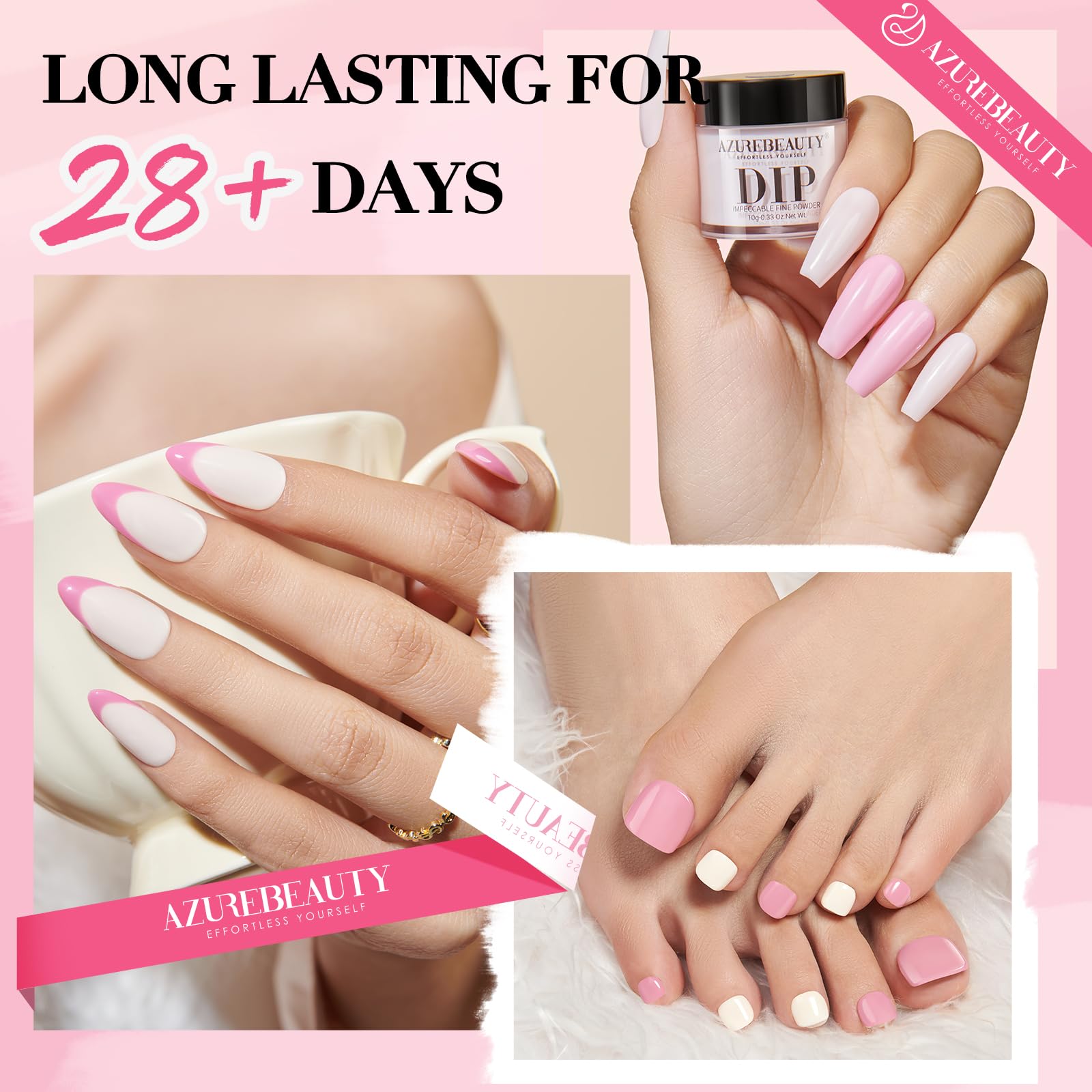 AZUREBEAUTY Dip Powder Nail Kit Starter - Long Lasting 21+ Days Nude Pink Nail Polish Set with High Shine Fast Dry Top Coat for Fragile Nails | DIY Salon-Quality Manicure at Home for Weddings, Parties & Special Occasions