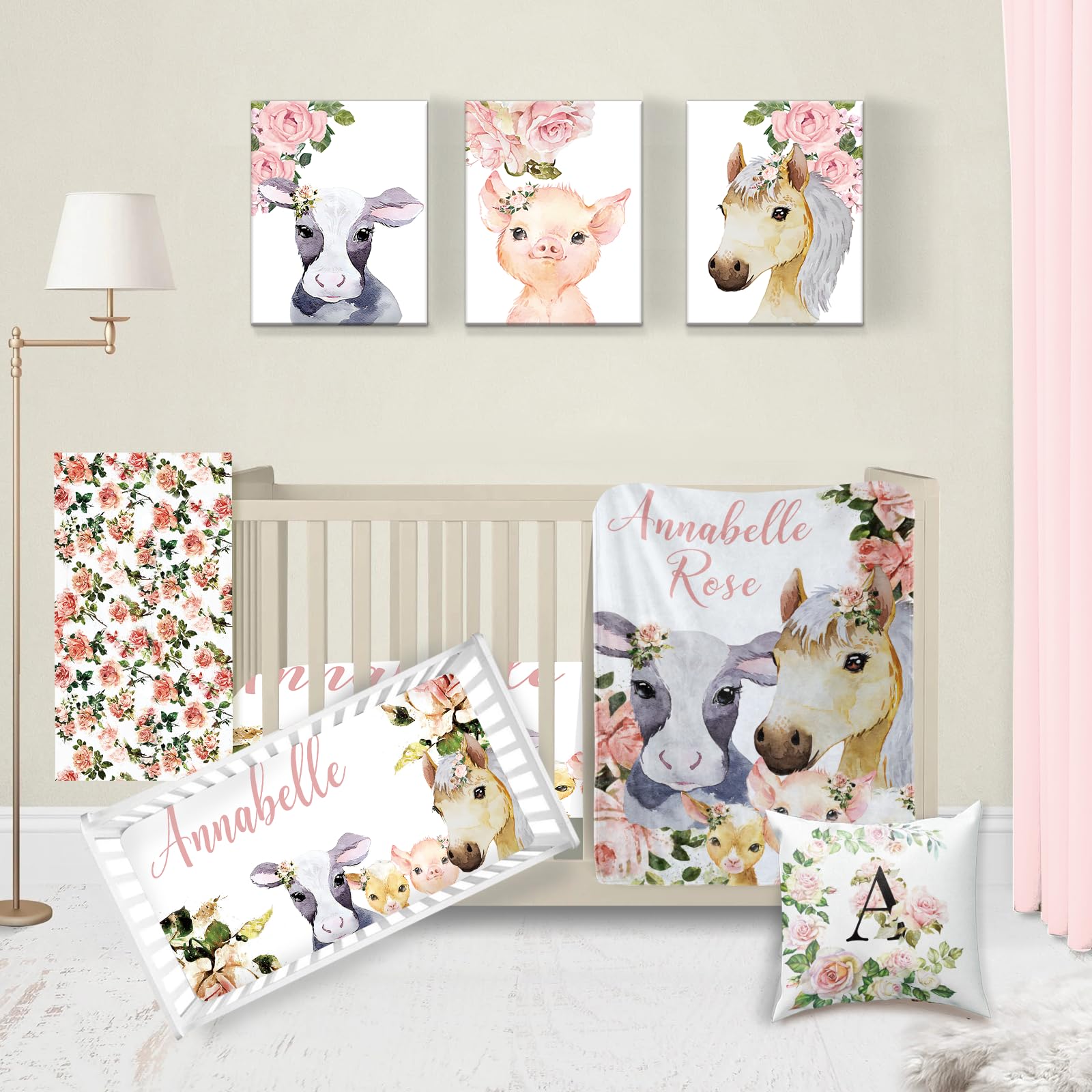 Custom Personalized Baby Crib Bedding Set with Name - Floral Farm Animals Nursery Collection - 5 Piece Crib Sheets & Bedding Set for Girls - Perfect for Nursery Decor, Baby Shower Gifts & Newborn Essentials