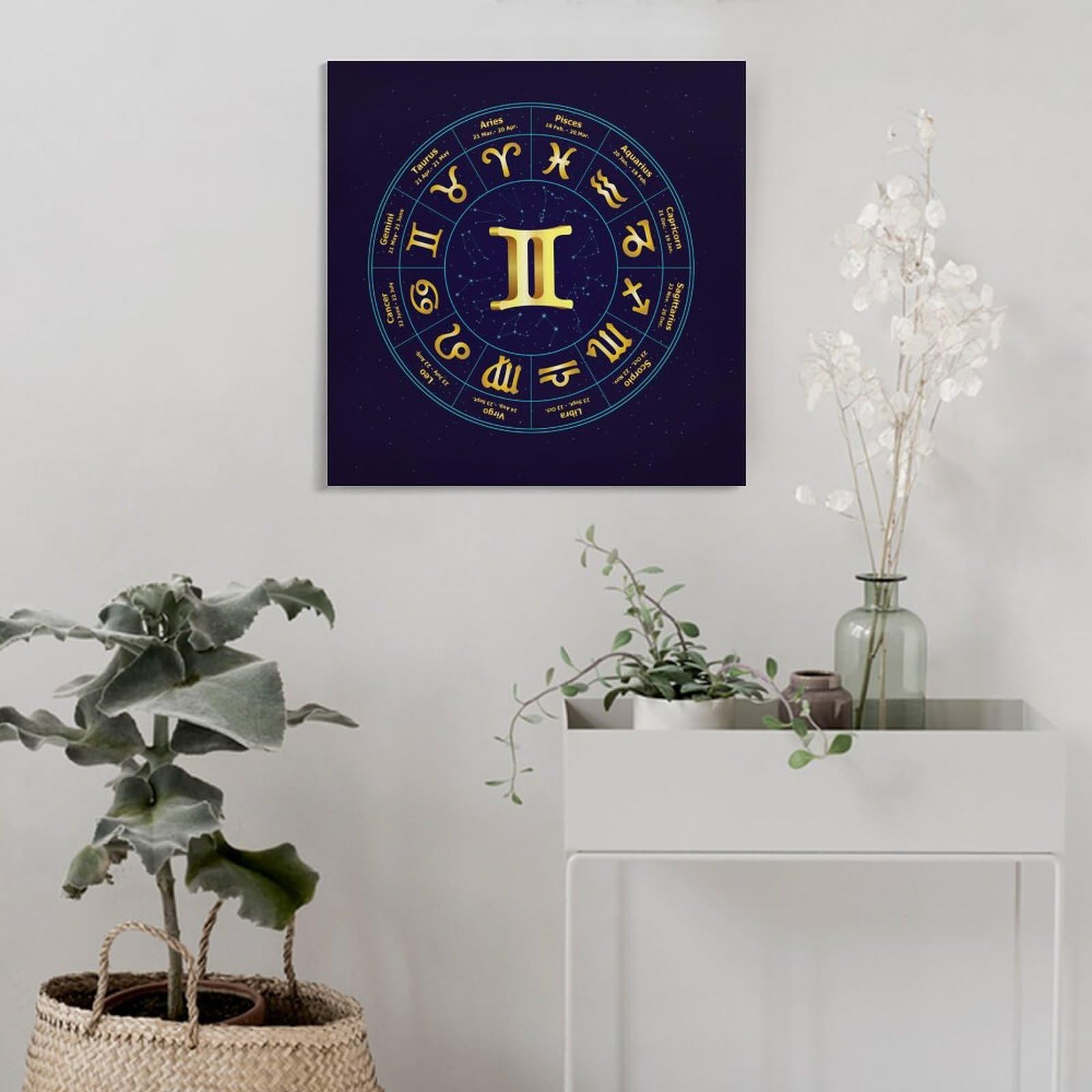 Gemini Zodiac Sign Wall Art - 28x28 Inch (70x70cm) Square Canvas Painting with Frame for Bedroom & Living Room Decor - Perfect for Astrology Lovers & Home Decoration Gifts