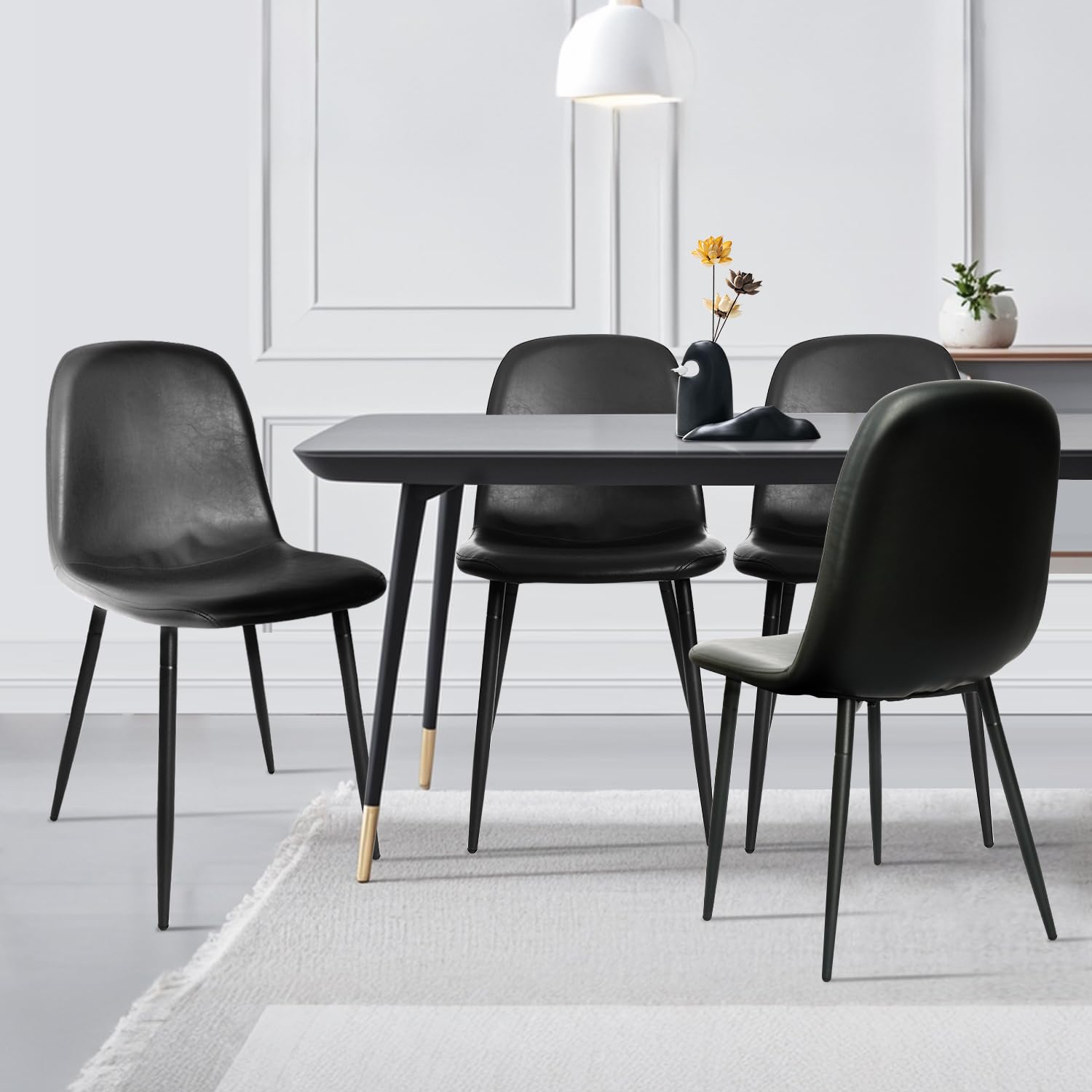 Modern Black Faux Leather Dining Chairs Set of 4 - PU Leather Upholstered Armless Kitchen Chairs with Metal Legs for Dining Room, Living Room & Office Meetings - Elegant Home & Commercial Seating Solution