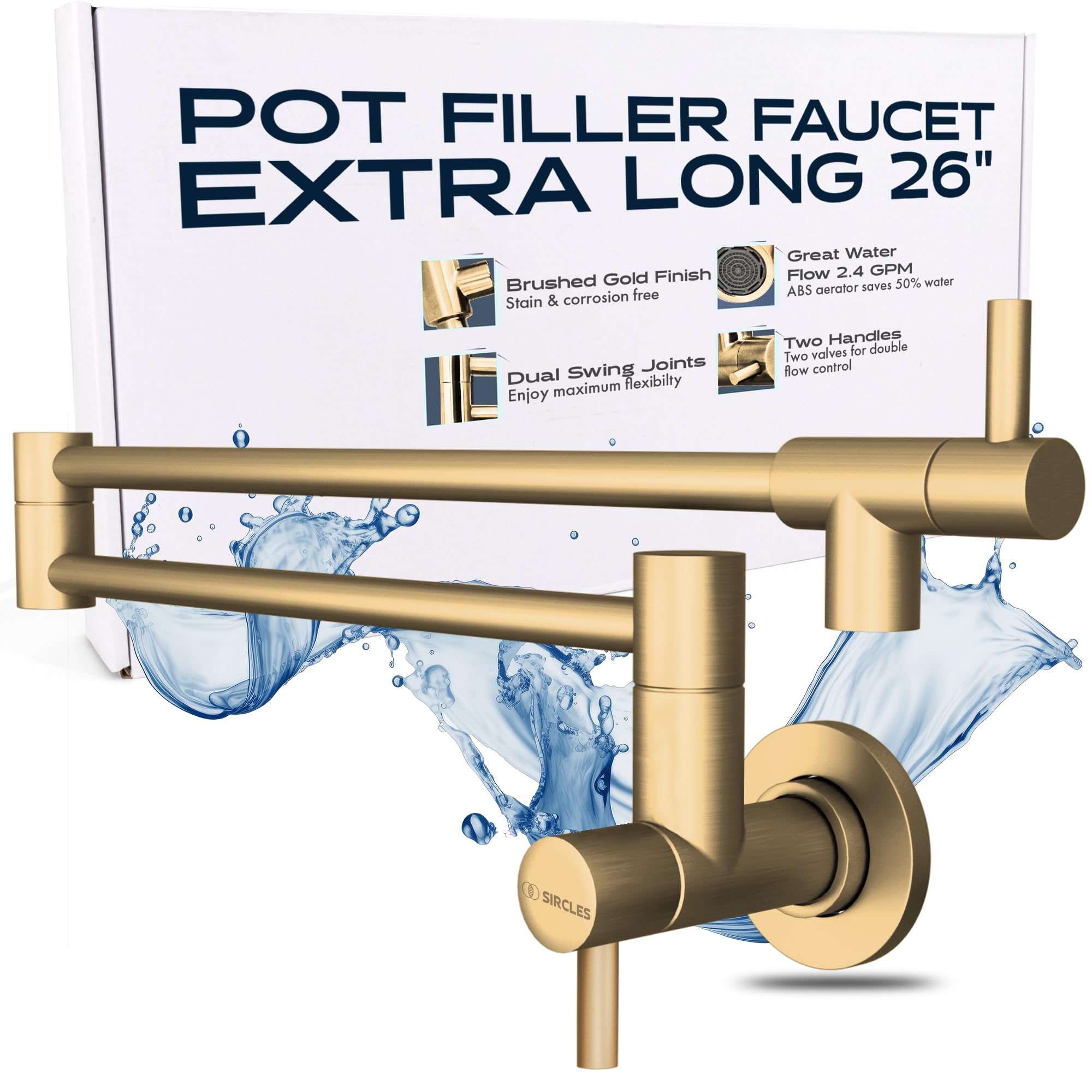 SIRCLES 26-inch Wall Mount Pot Filler Faucet - Brushed Gold Stainless Steel with Dual 360° Swing Joints - Includes Teflon Tape & Extra Cartridge - Perfect for Kitchen Sink, Stove, and Cooking Areas