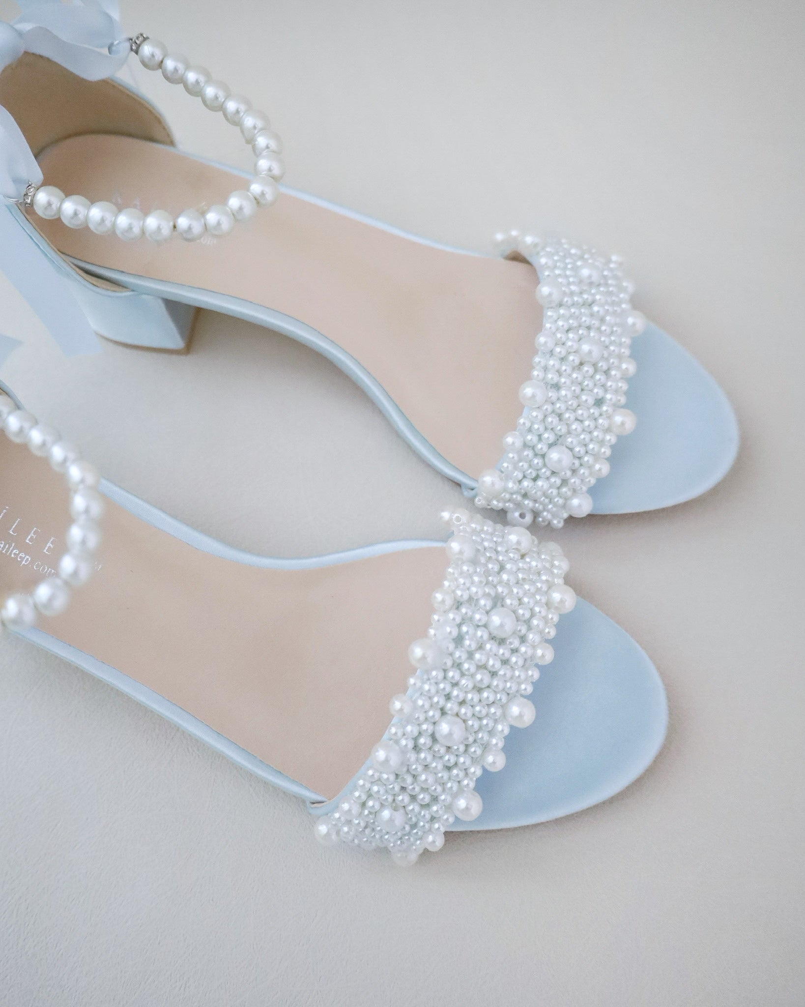 Elegant Satin Block Heel Wedding Sandals with Pearl Applique & Straps - Perfect for Bridal, Prom, and Formal Occasions