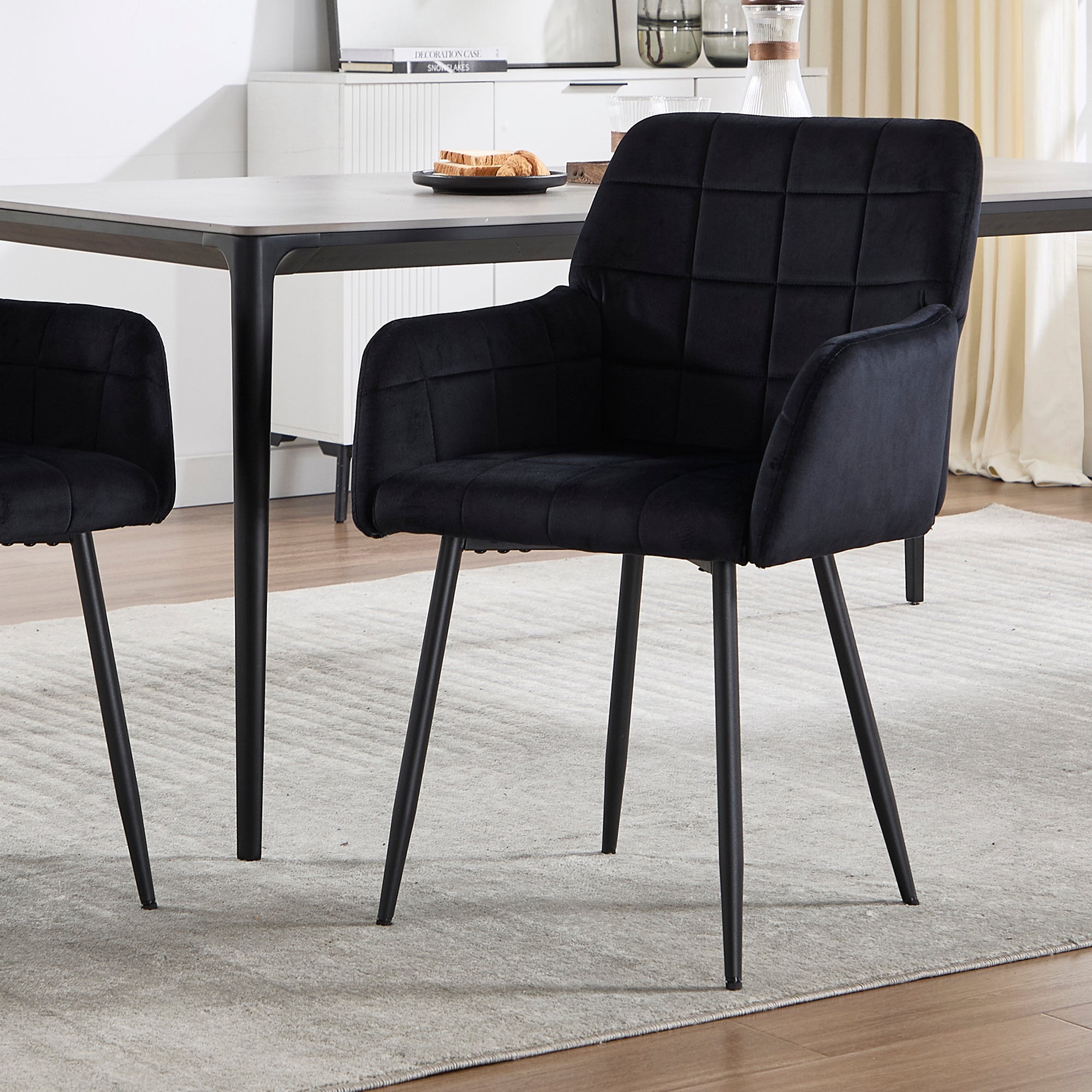 Velvet Upholstered Dining Chair with Armrests - Comfortable Seat, Easy to Assemble & Clean - Perfect for Kitchen, Dining Room & Living Room (Black, Set of 1)