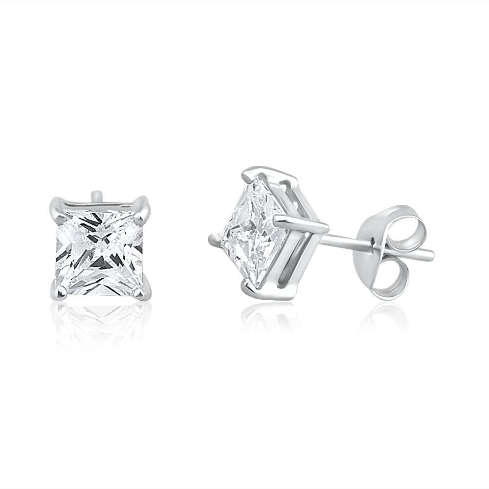 9ct White Gold Princess Cut Cubic Zirconia 5mm Stud Earrings for Women - Elegant Wedding, Party & Everyday Jewelry Gift