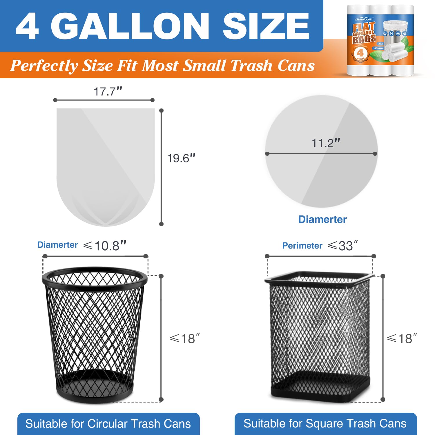 4 Gallon Small Trash Bags (105 Count) - Unscented White Mini Garbage Bags for Bathroom, Office, Kitchen Waste Baskets | Perfect for Small Spaces, Desk Bins, and Compact Trash Cans (15L Capacity)