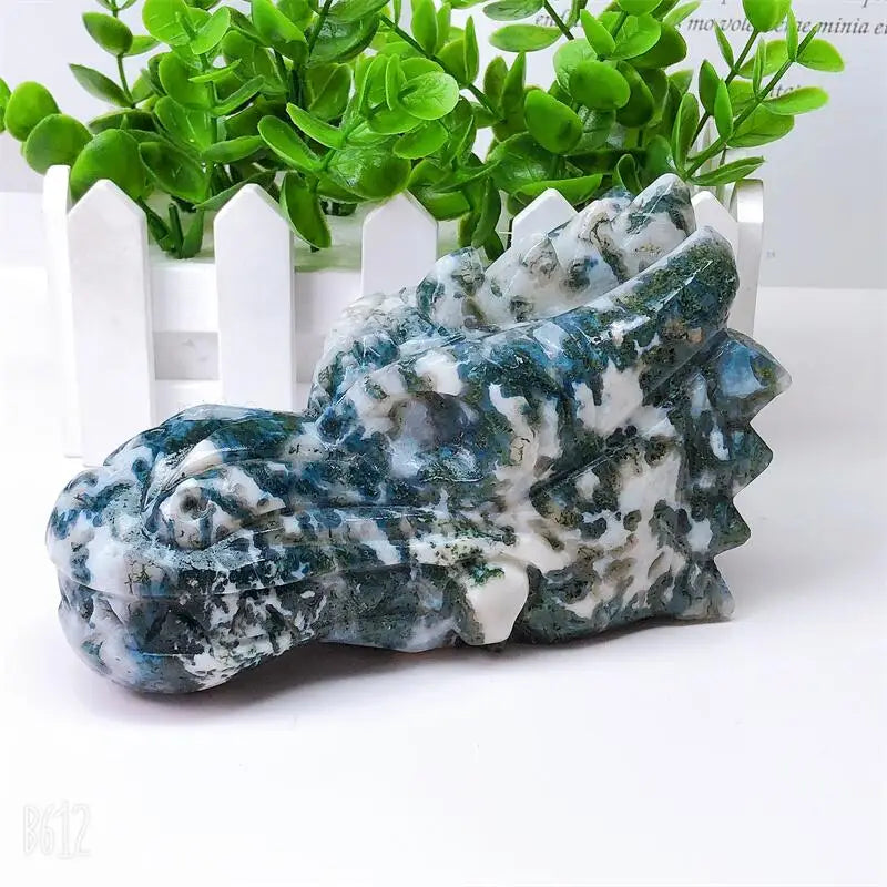 14CM Natural Moss Agate Dragon Skull Crystal Carving - Healing Stone, Fashion Jewelry & Home Decor - Unique Birthday & Holiday Gift for Collectors, Meditation & Gothic Decor (1 Piece)