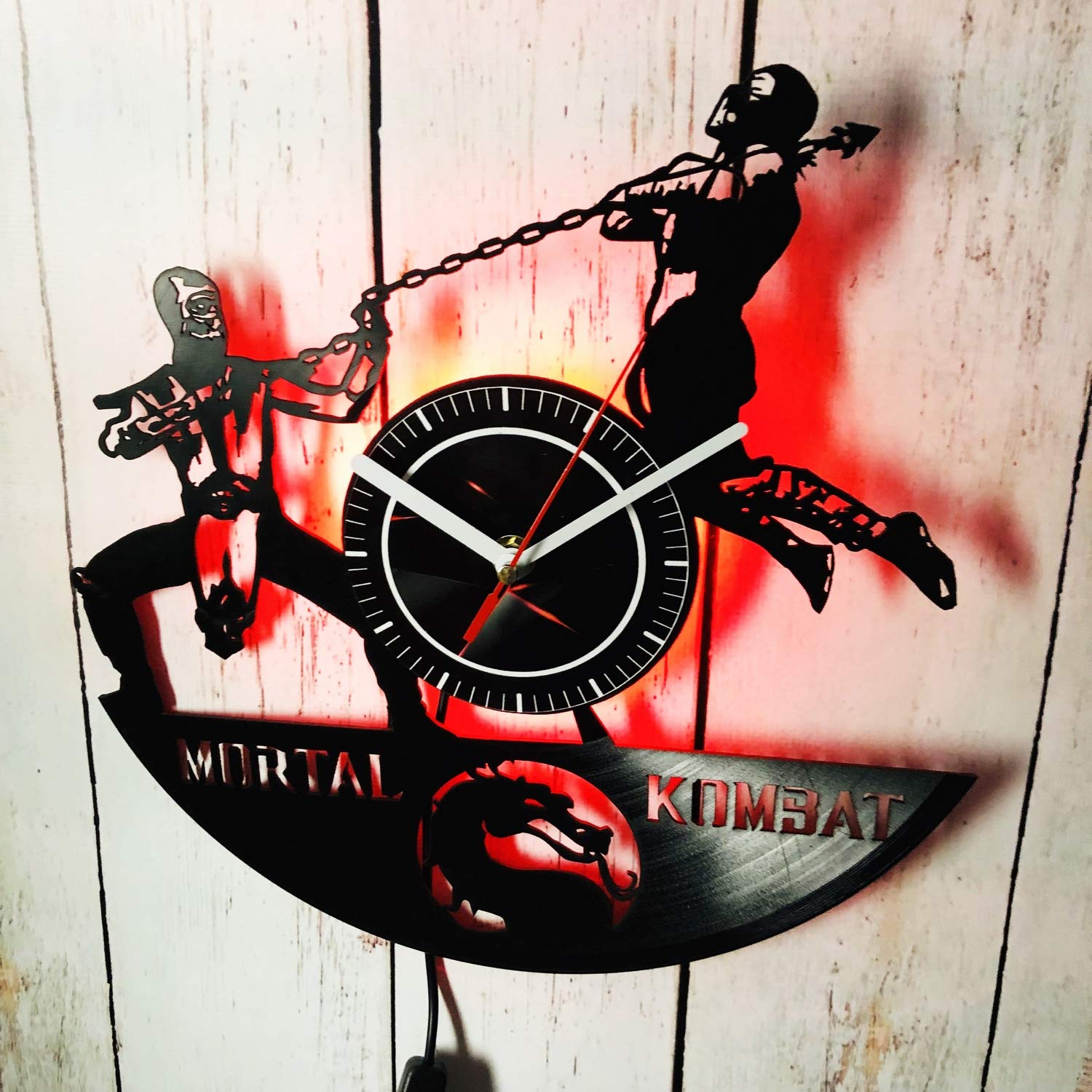 Mortal Kombat LED Backlit Vinyl Wall Clock - Red Glow Night Light for Gaming Room, Living Room & Bedroom Decor - Creative Classic Cool Home Interior Design with Time Display